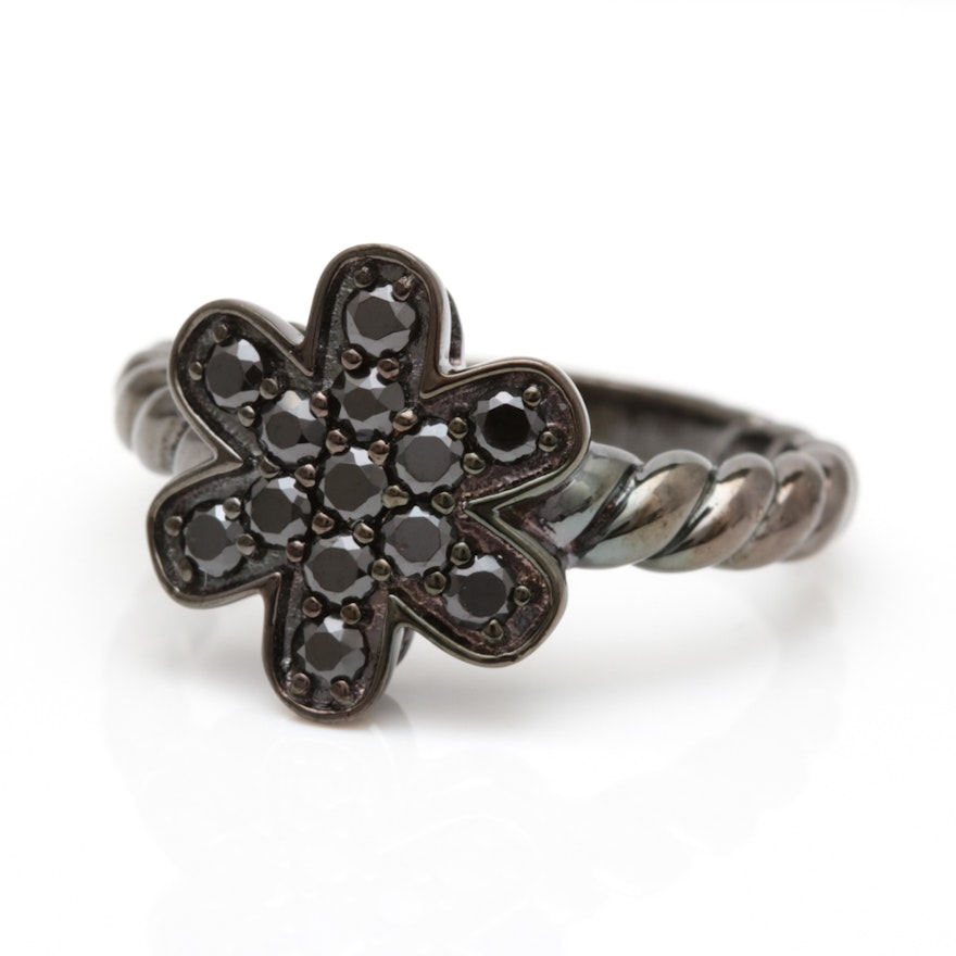 Black Rhodium Plated Sterling Silver and Black Crystal Flower Ring