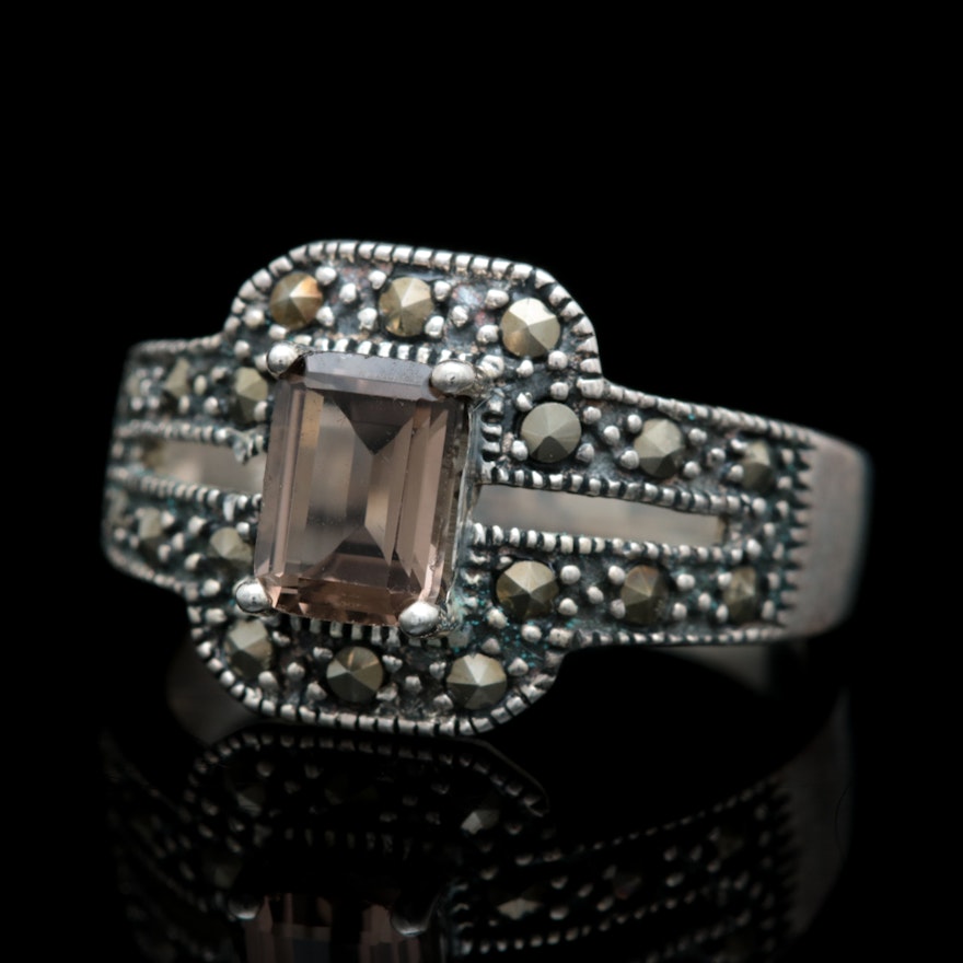 Sterling Silver, Smoky Quartz and Marcasite Ring