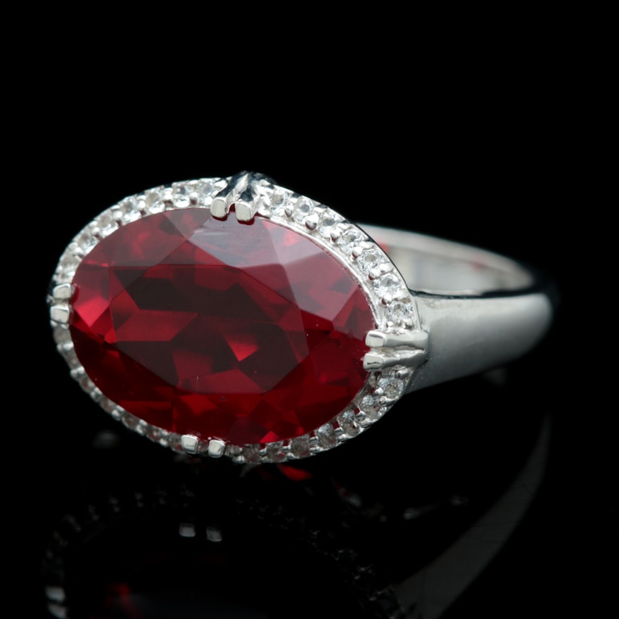 Sterling Silver, Dyed Red Quartz and White Topaz Ring