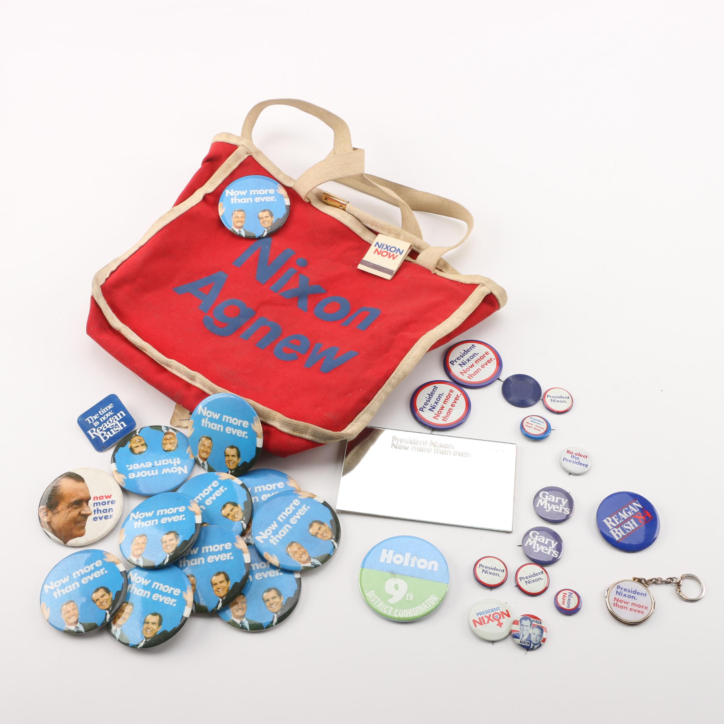 Nixon/Agnew Canvas Bag with Selection of Presidential Campaign Pins and Mirror