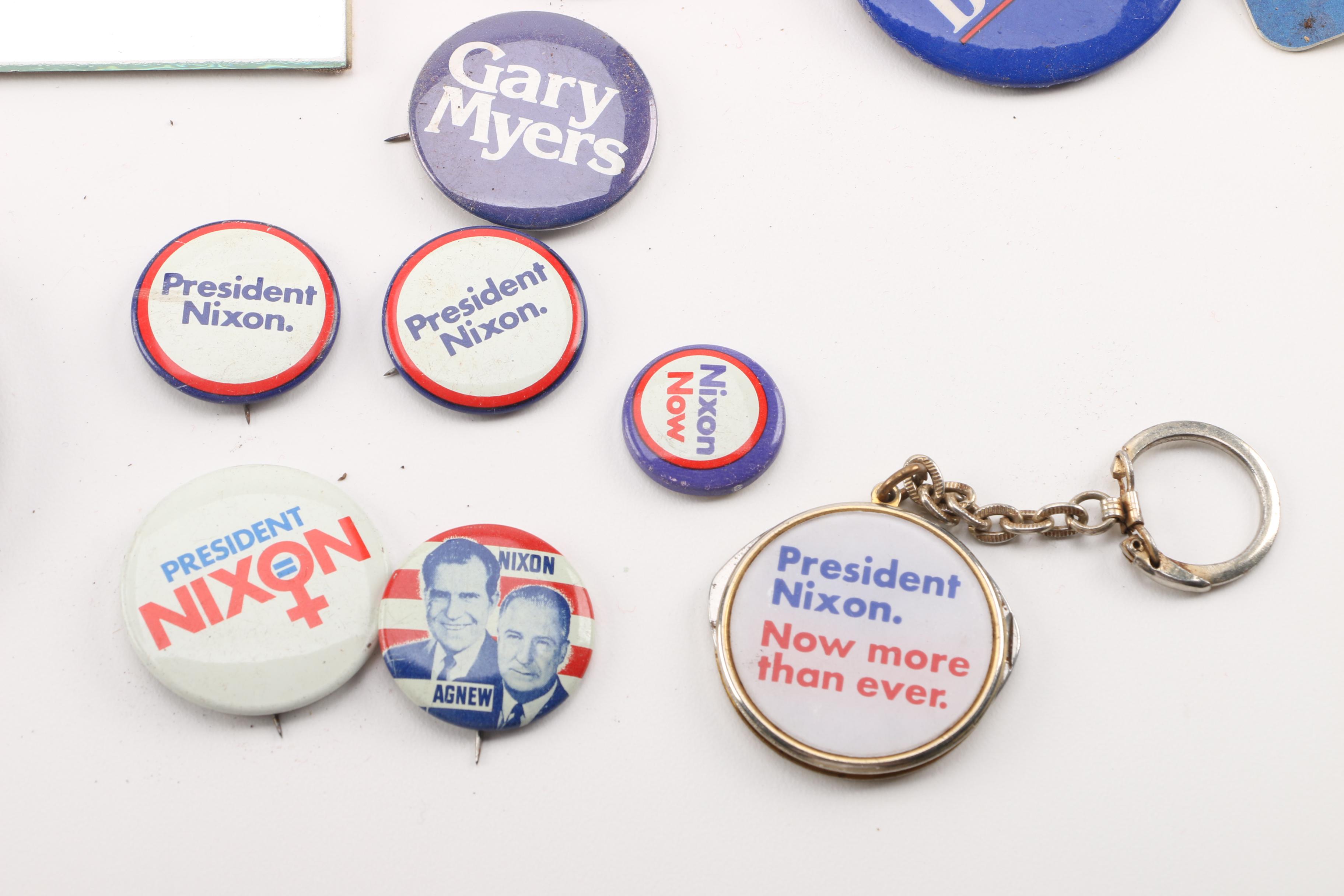 Nixon/Agnew Canvas Bag with Selection of Presidential Campaign Pins and Mirror