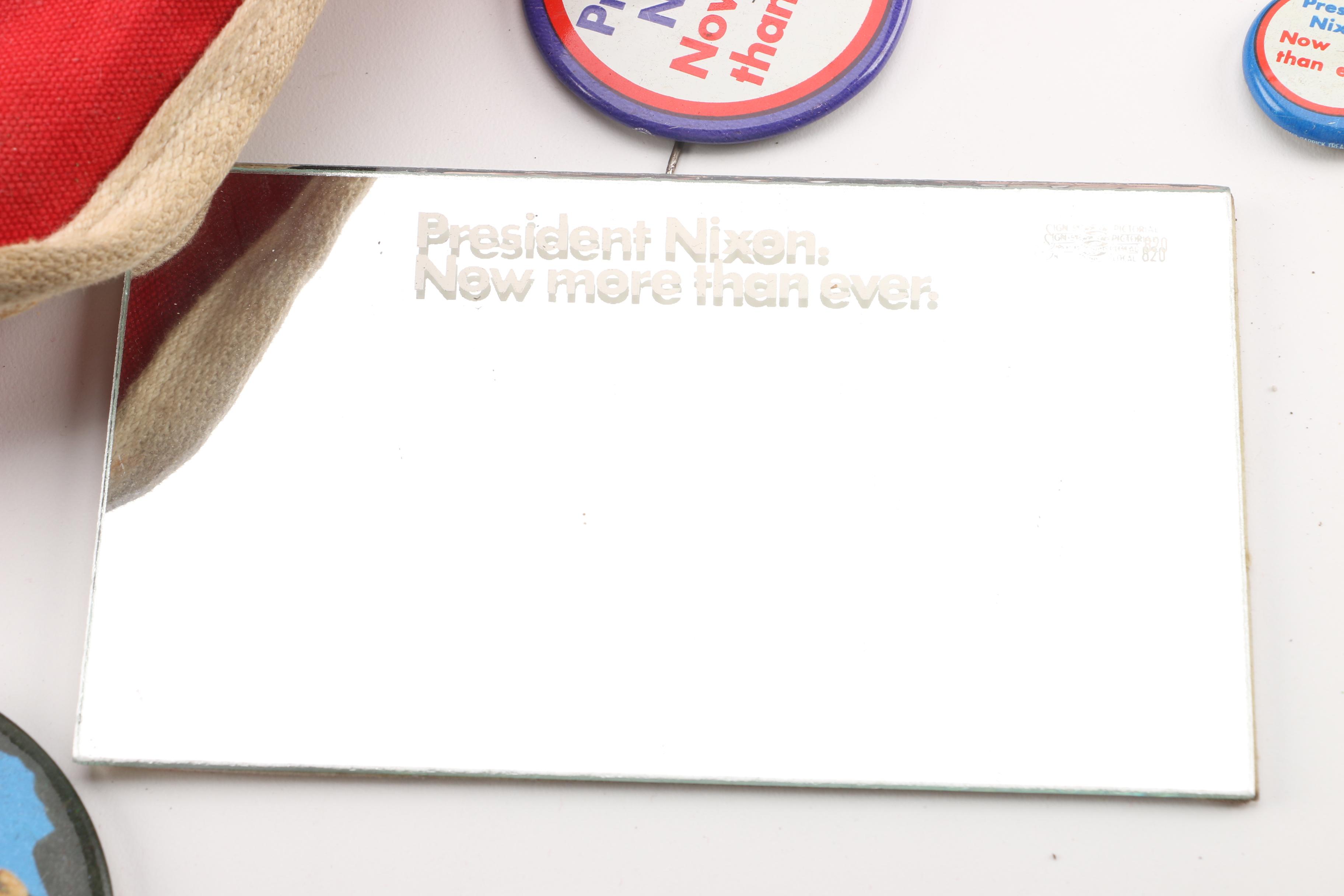 Nixon/Agnew Canvas Bag with Selection of Presidential Campaign Pins and Mirror