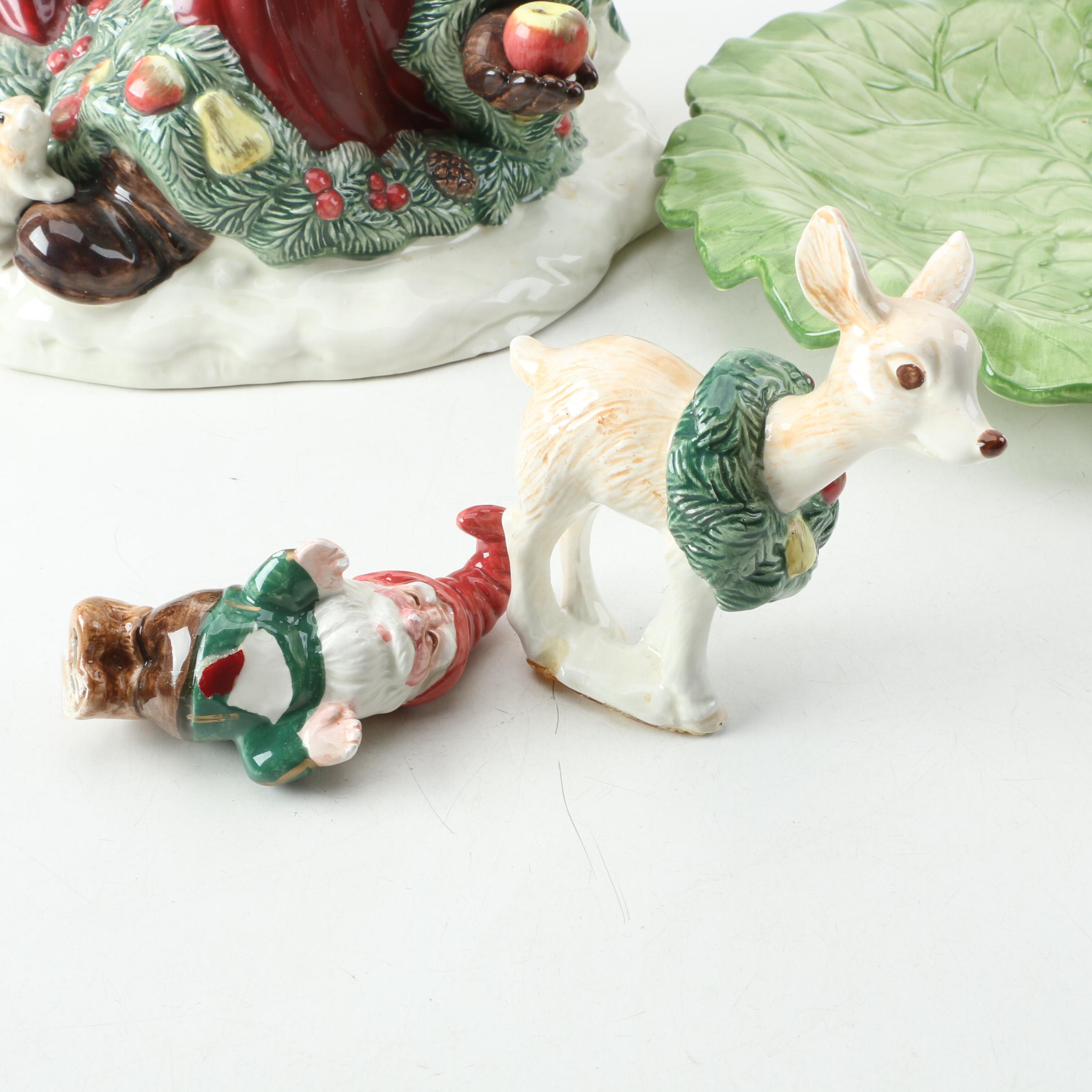 Porcelain Santa Cookie Jar, Reindeer Figurine and Leaf Dish