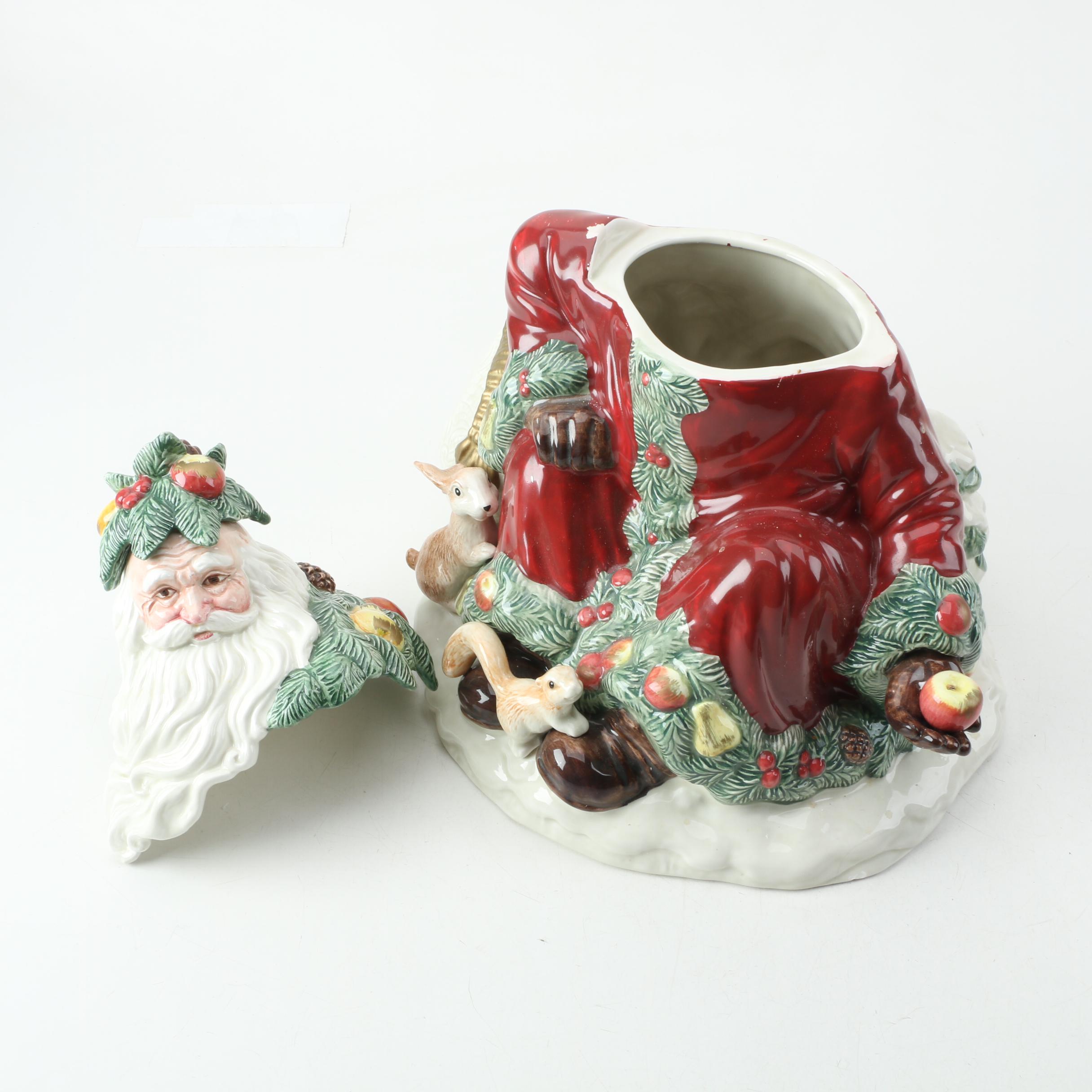 Porcelain Santa Cookie Jar, Reindeer Figurine and Leaf Dish