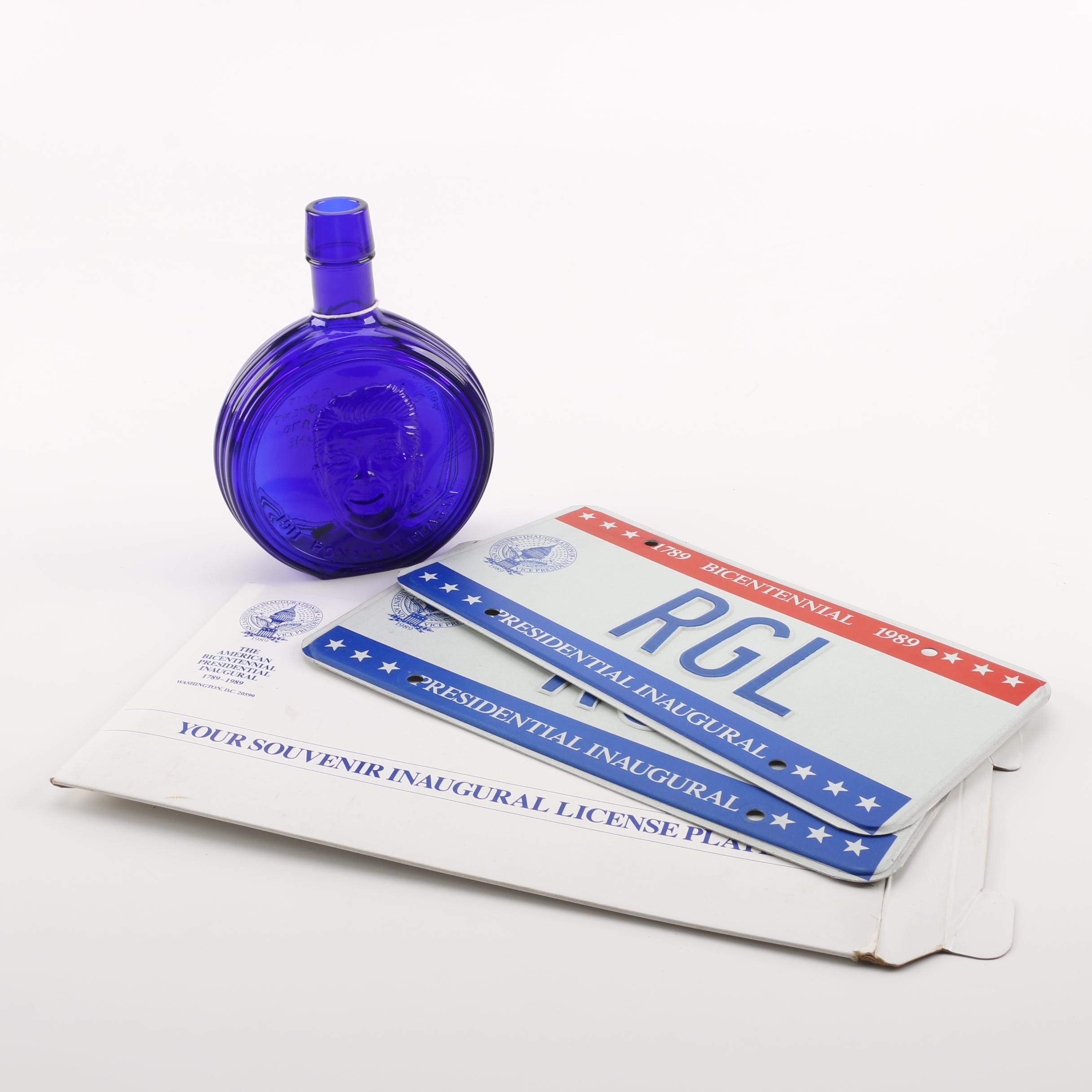 Ronald Reagan Blue Glass Bottle with Souvenir Inaugural License Plates
