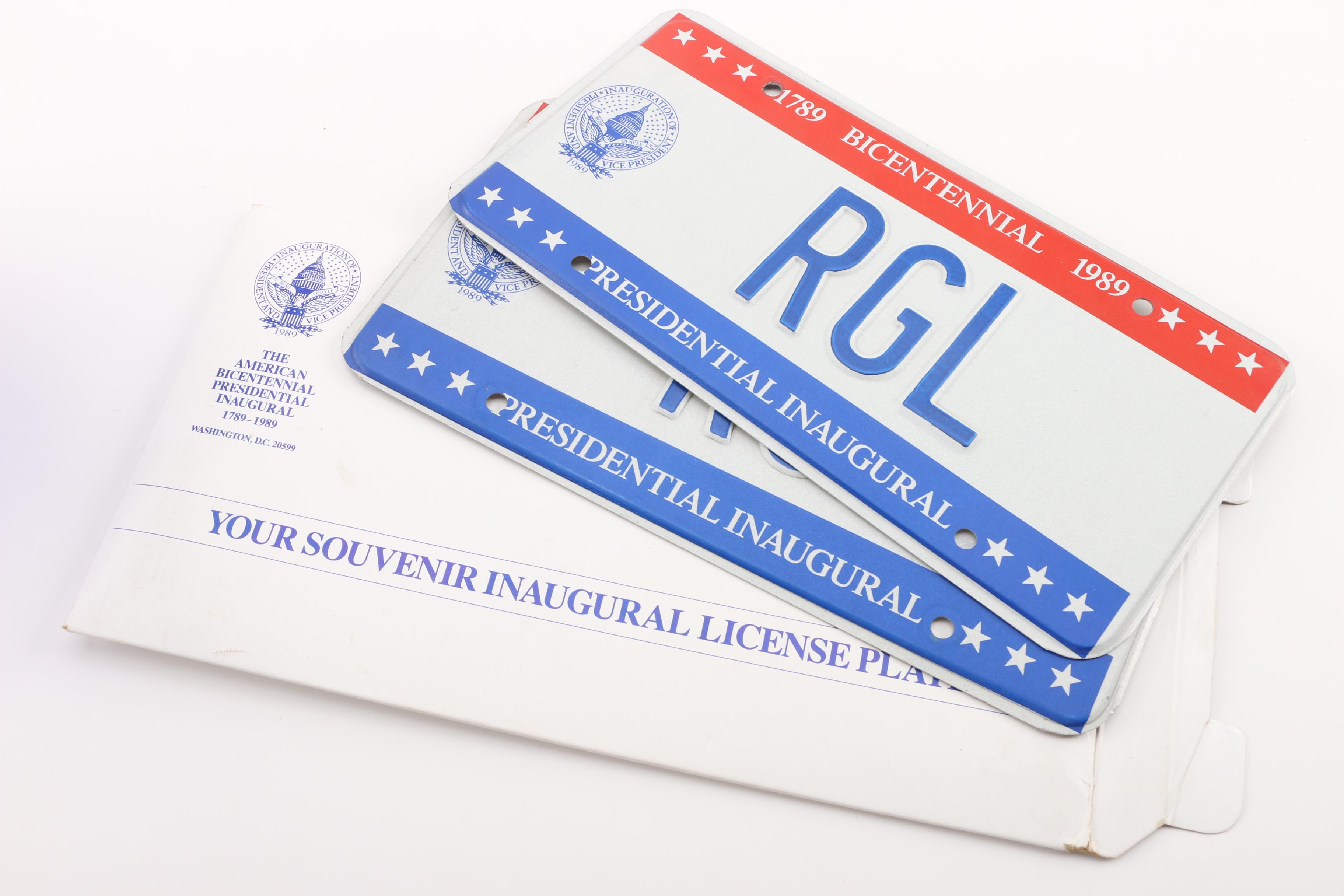 Ronald Reagan Blue Glass Bottle with Souvenir Inaugural License Plates