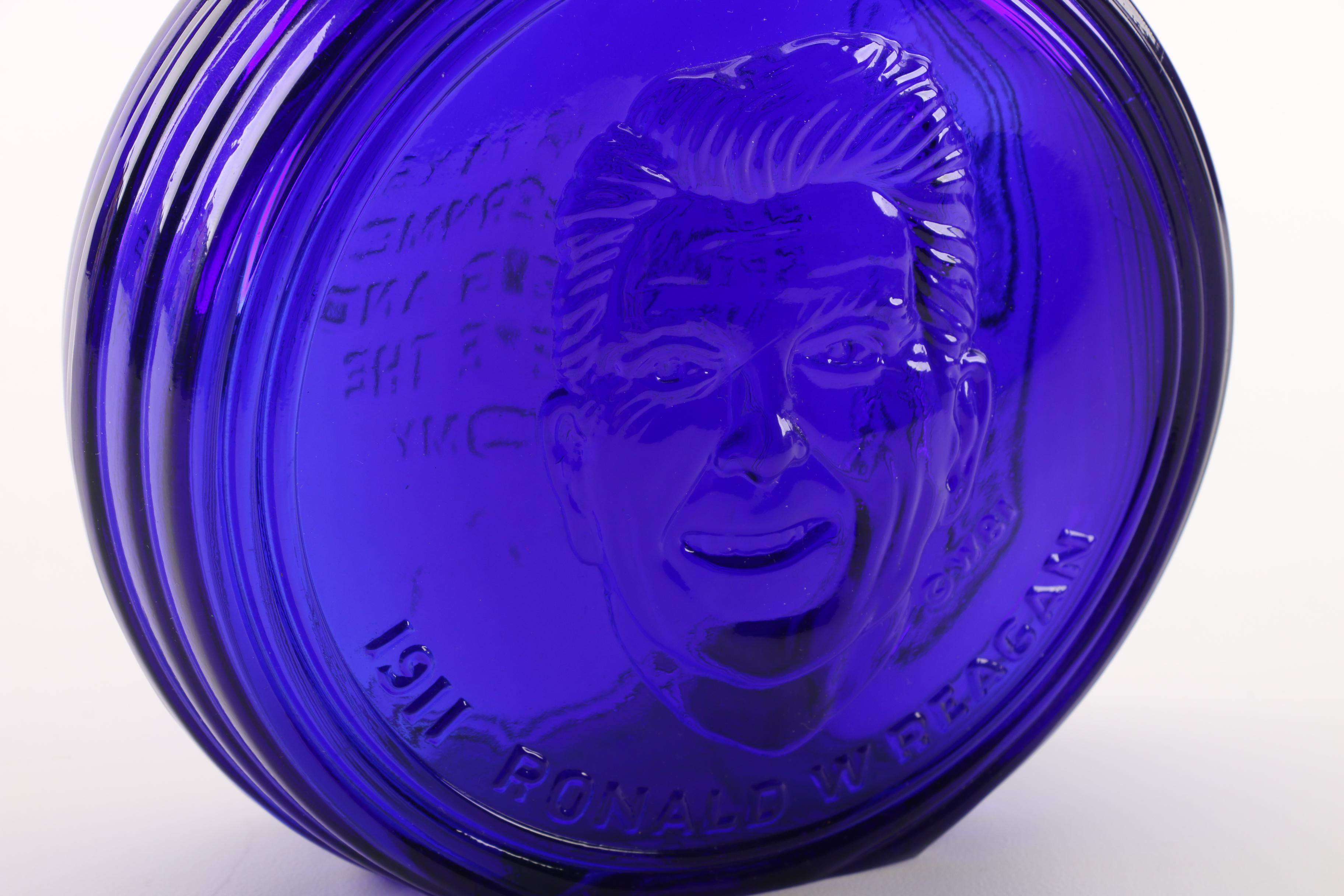 Ronald Reagan Blue Glass Bottle with Souvenir Inaugural License Plates