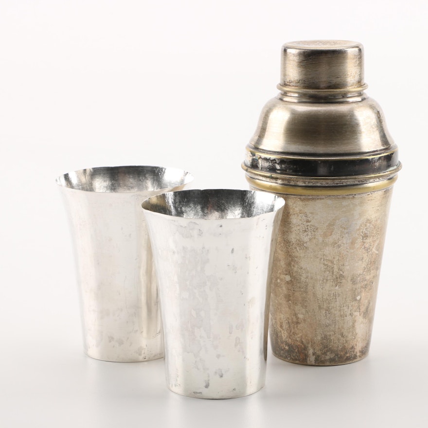 Vintage Silver Plate Cocktail Shaker with Metal Tumblers