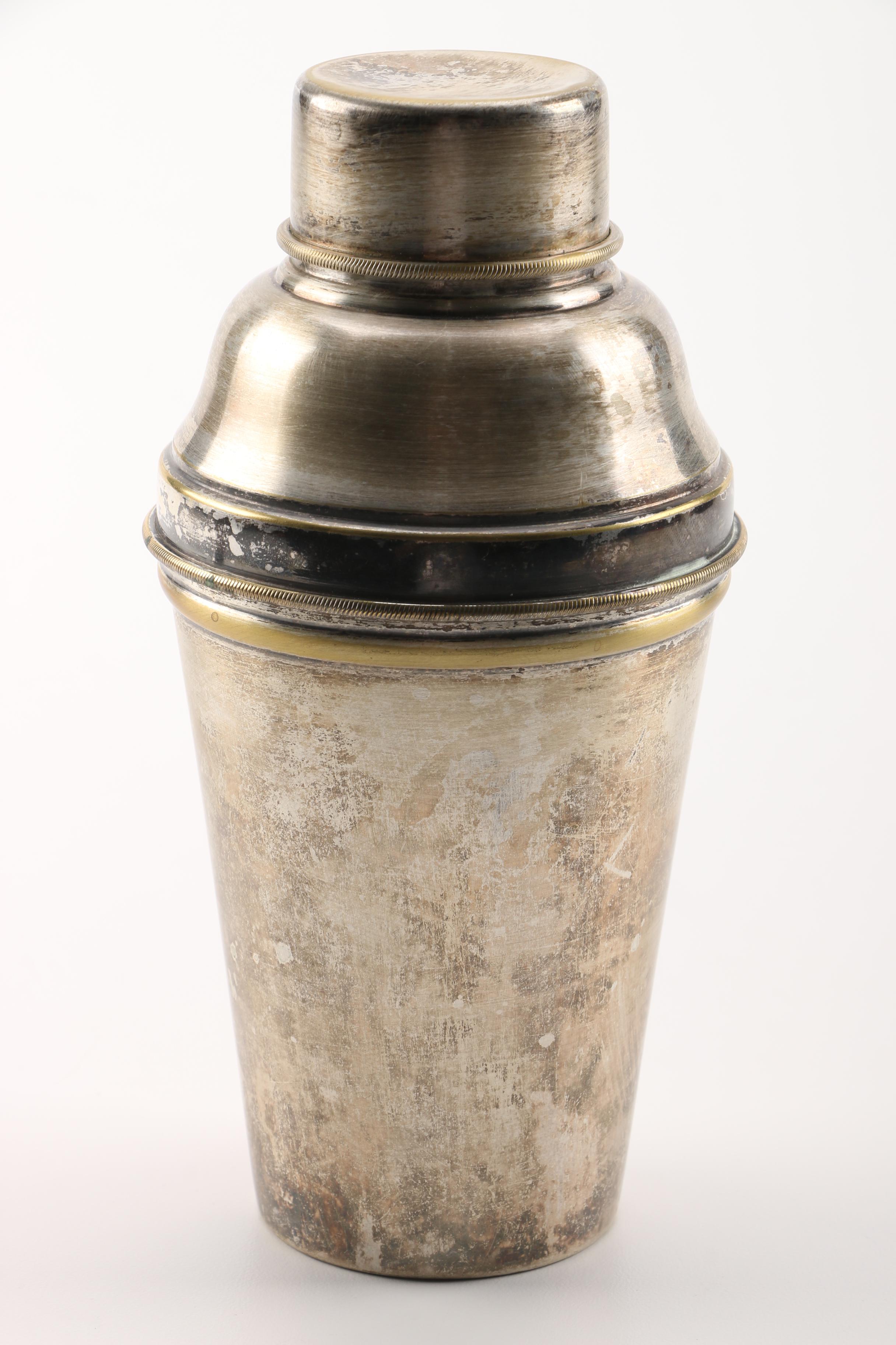 Vintage Silver Plate Cocktail Shaker with Metal Tumblers