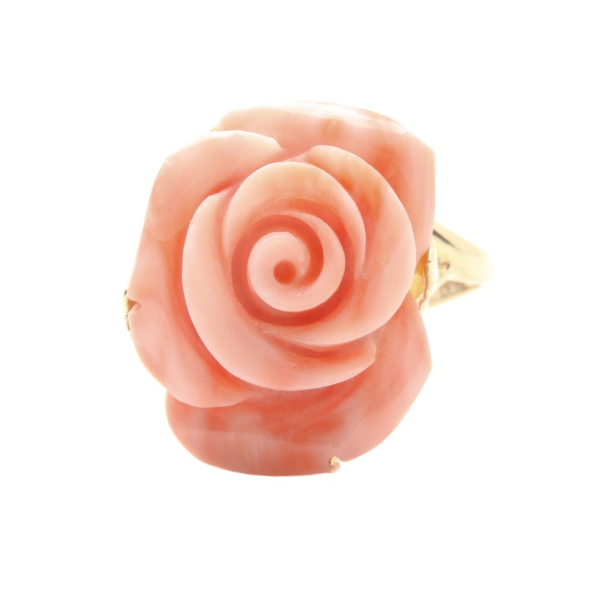 14K Yellow Gold Carved Coral Flower Ring