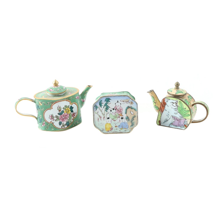 Miniature Chinese Enamel Teapots and Trinket Box