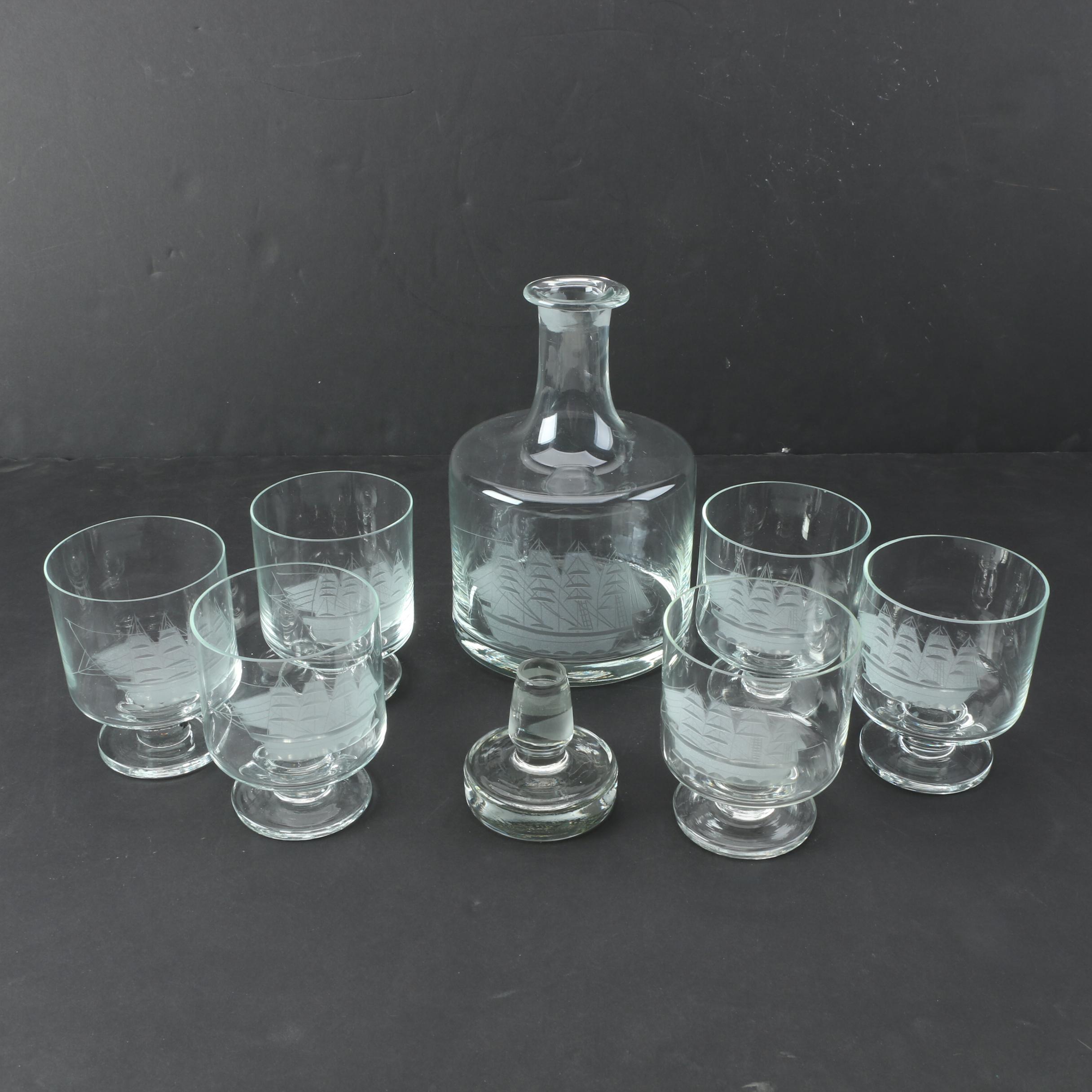 Etched Schooner Glass Decanter Set