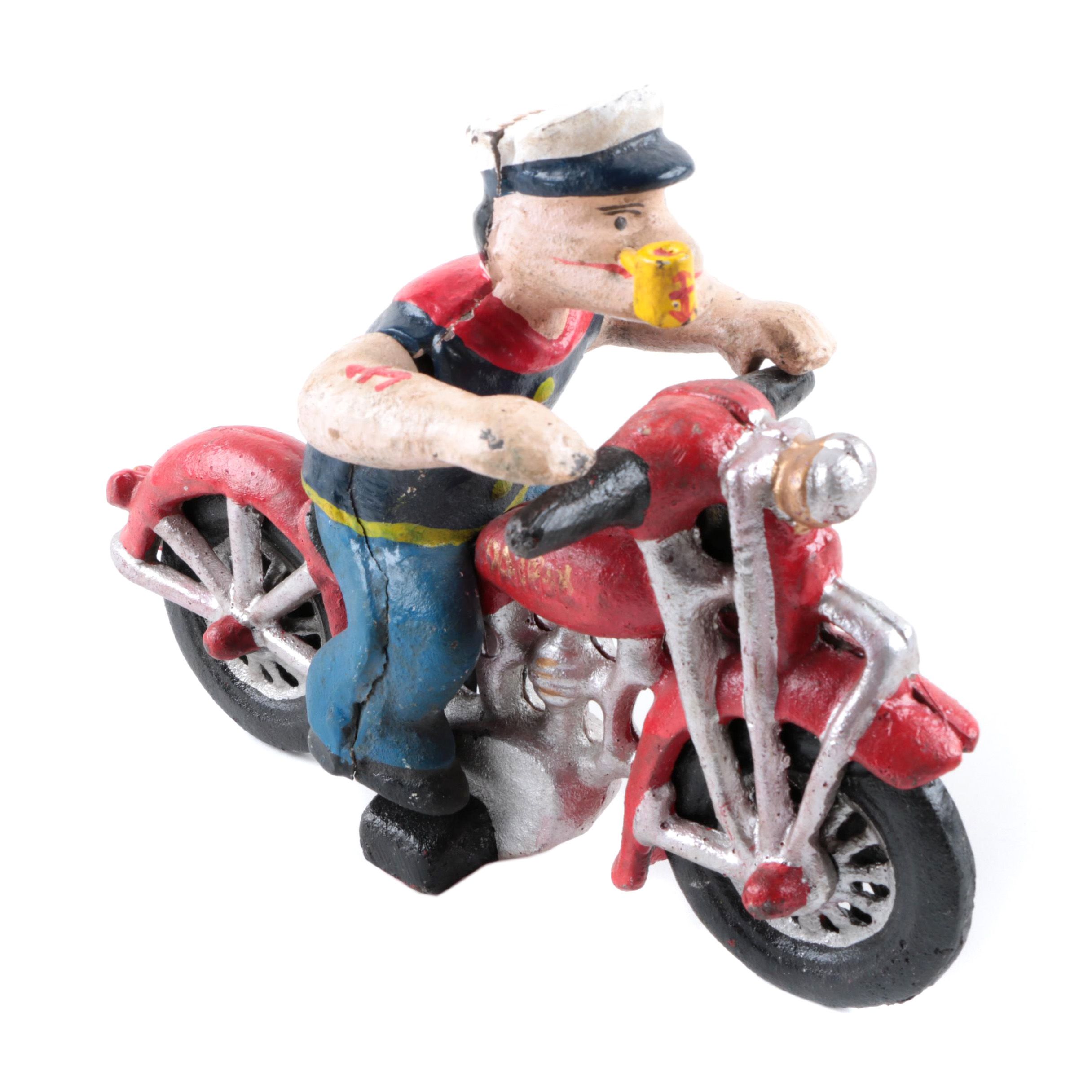 Reproduction Cast Iron Popeye on Motorcycle Toy