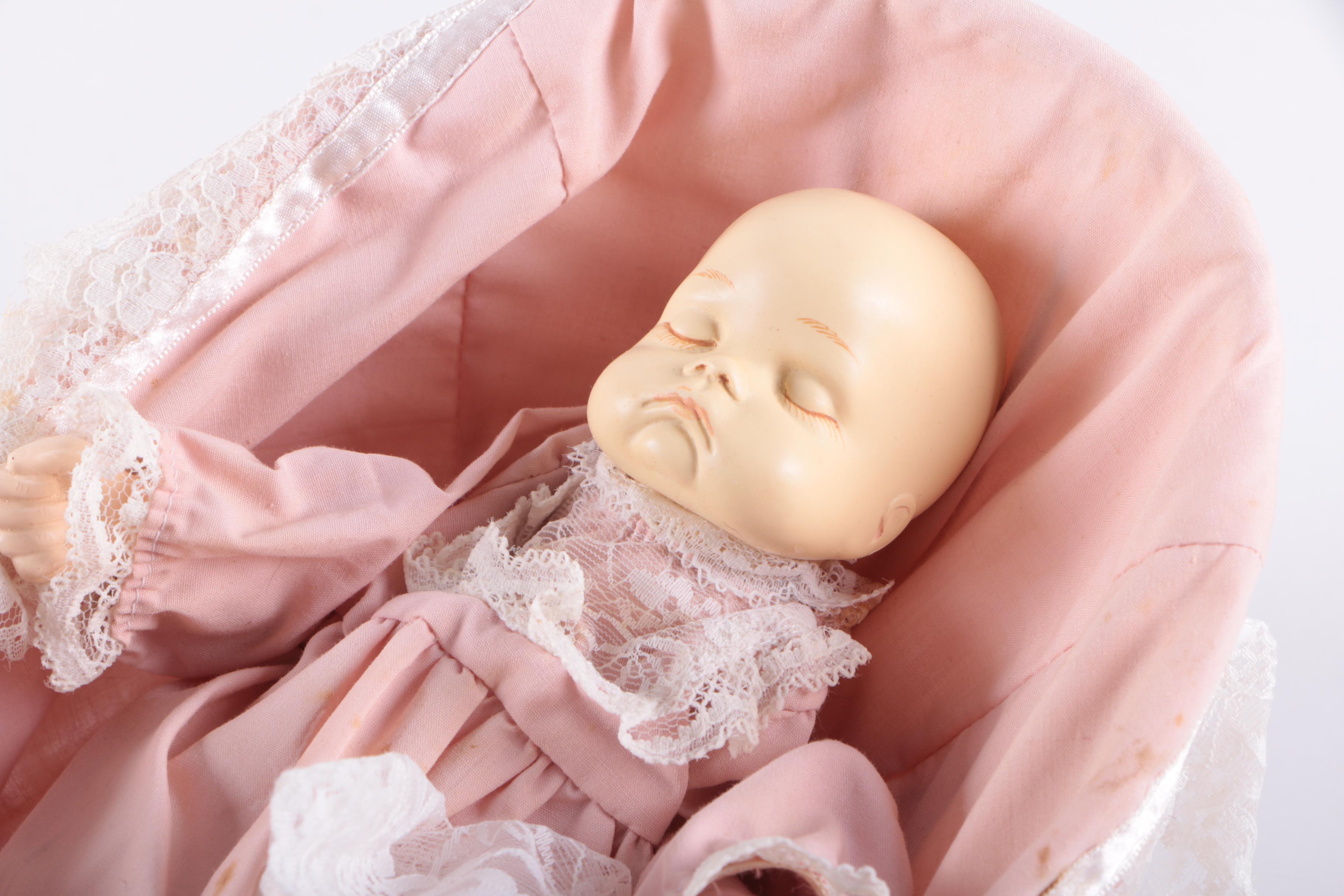 Vintage Three Face Bisque Head Kit Doll with Baby Doll in Bassinet