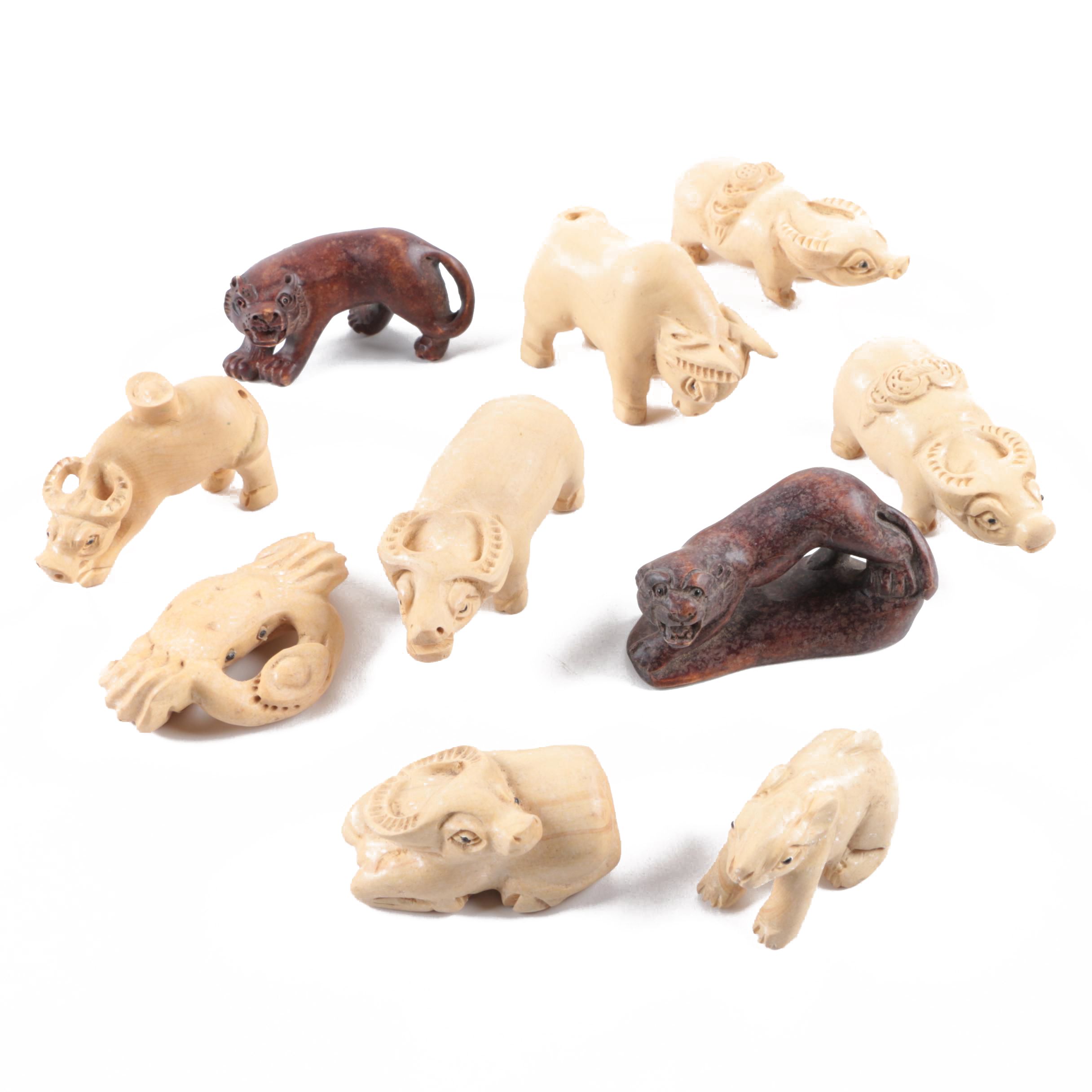 Hand-Carved Wood and Stone Animal Figurines