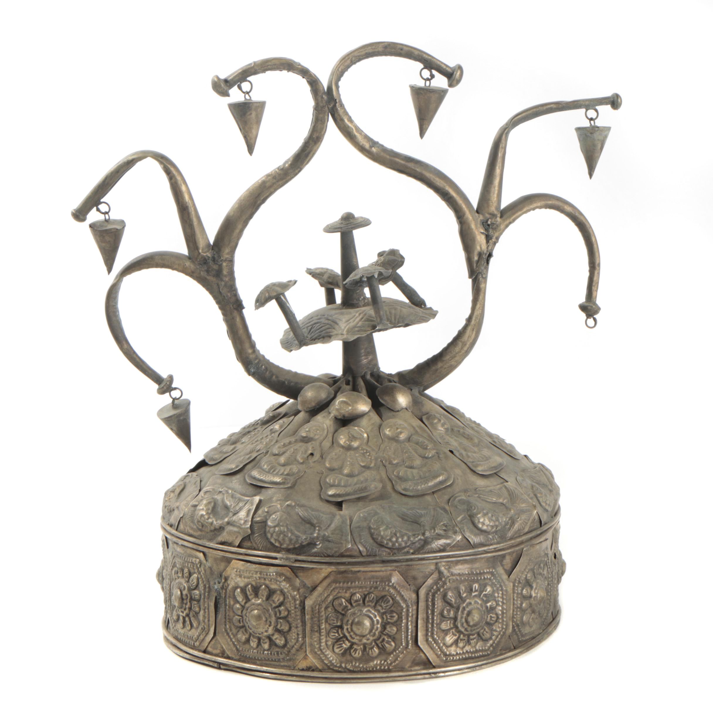 Chinese Miao-Style Silver Tone Metal Hat With Medallion and Charm Embellishments