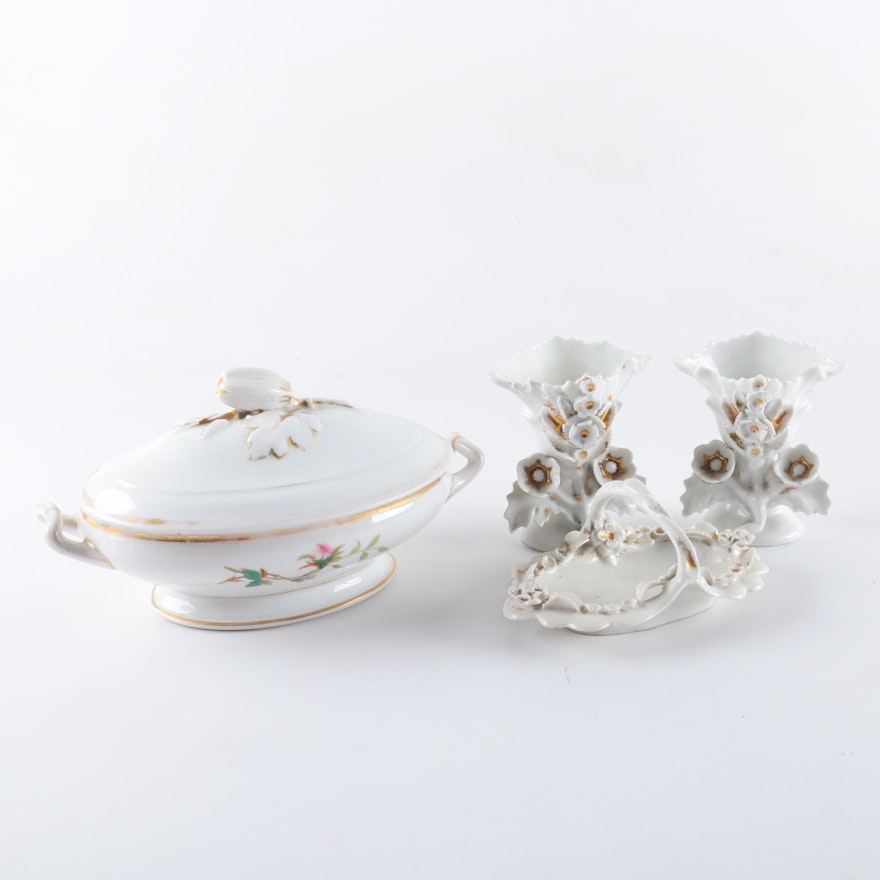 Porcelain Dishes and Vases with Goldtone Trim