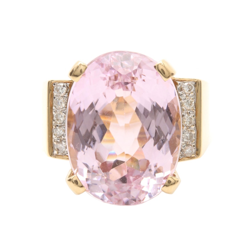 14K Yellow Gold 19.12 CT Pink Kunzite and Diamond Ring