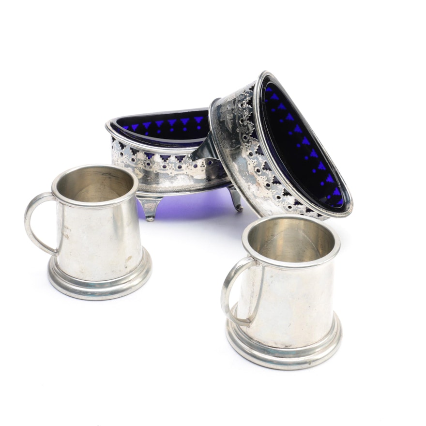 William Hutton & Sons Silver Plate and Cobalt Glass Salt Cellars and More