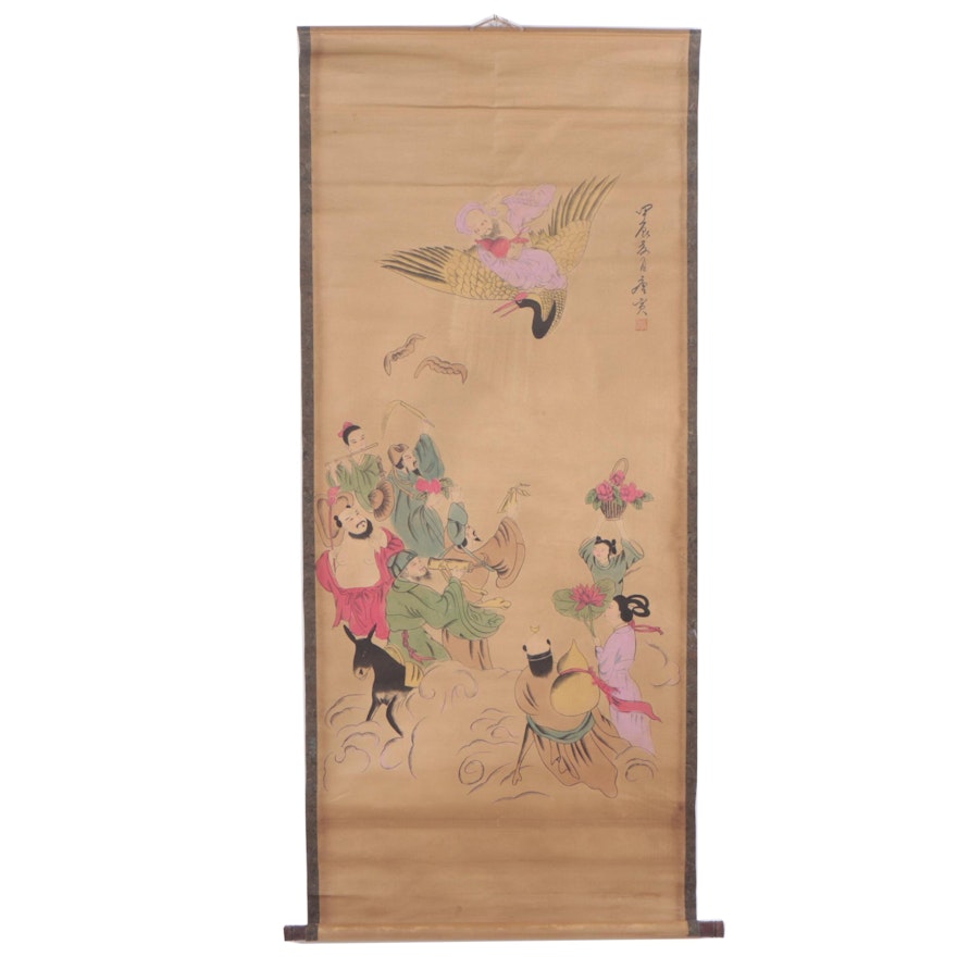 Chinese Watercolor Embellished Hanging Scroll of Figural Scene