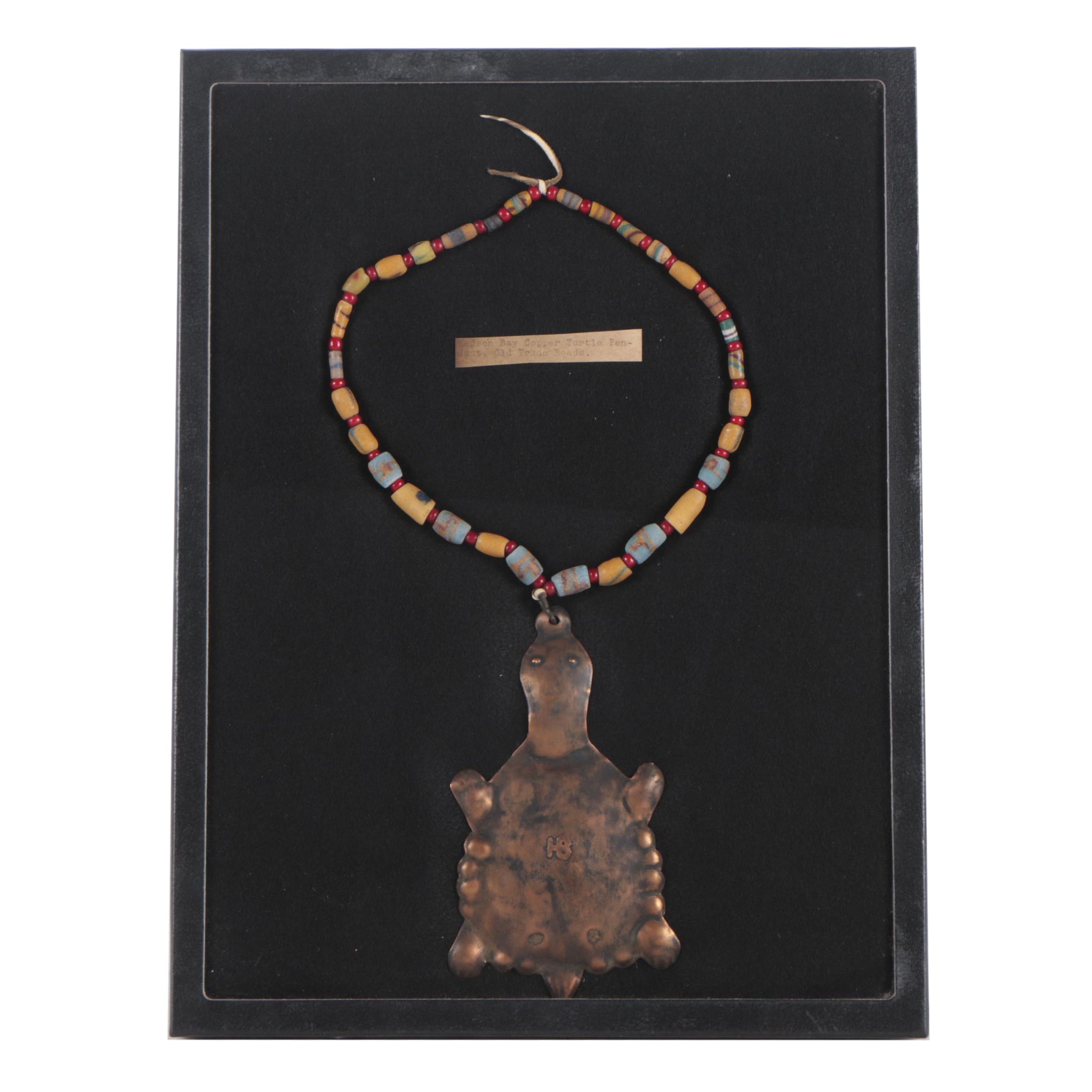 Hudson Bay Style Copper Turtle Pendant Trade Bead Necklace