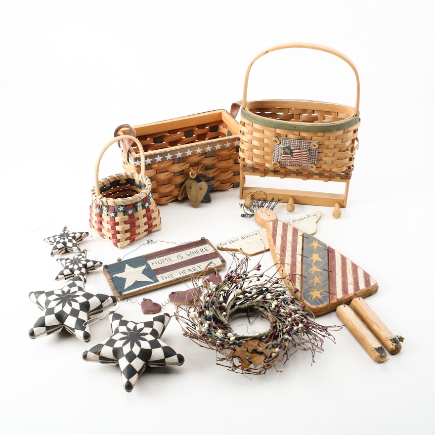 Assorted Baskets and Wooden U.S.A.Themed Decor