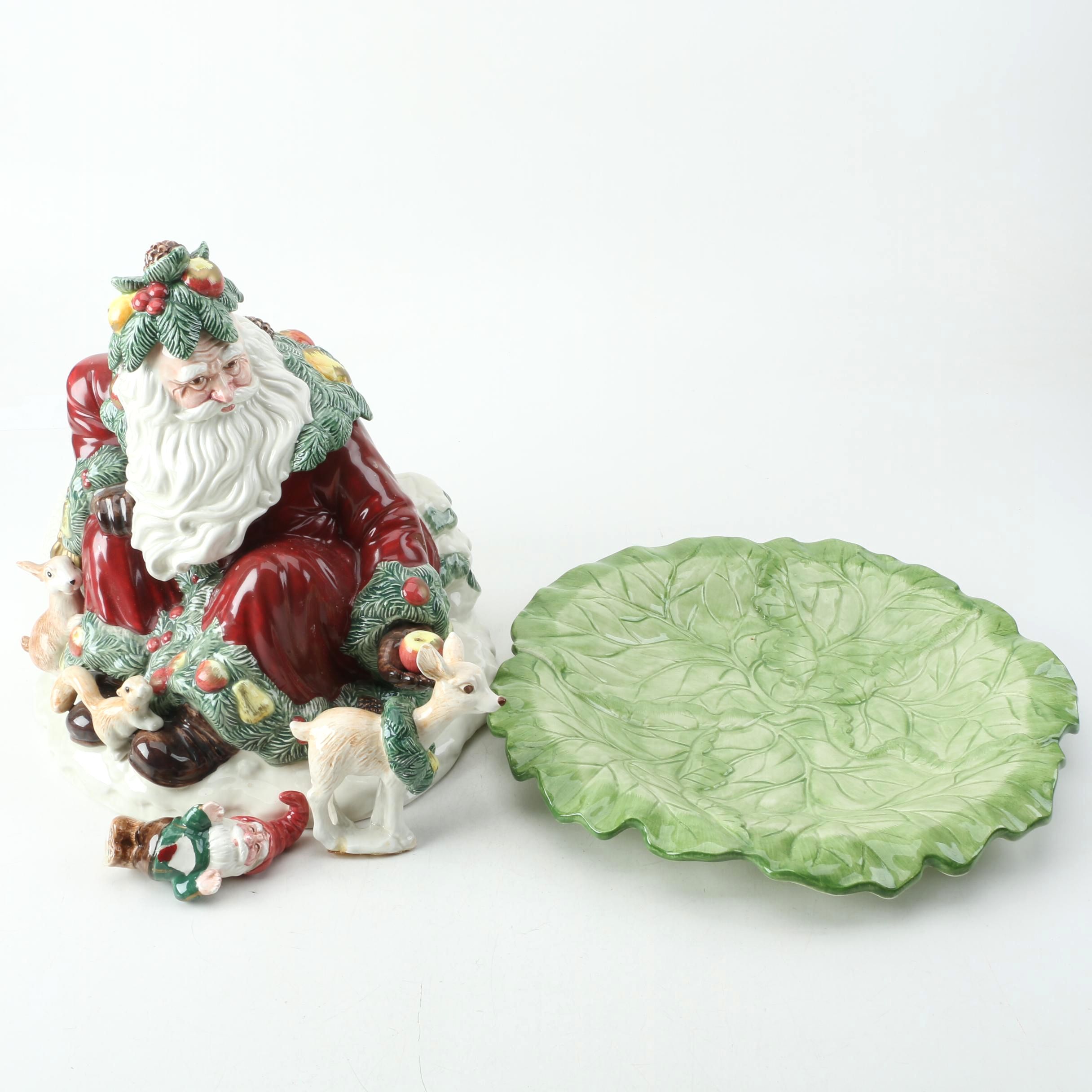 Porcelain Santa Cookie Jar, Reindeer Figurine and Leaf Dish