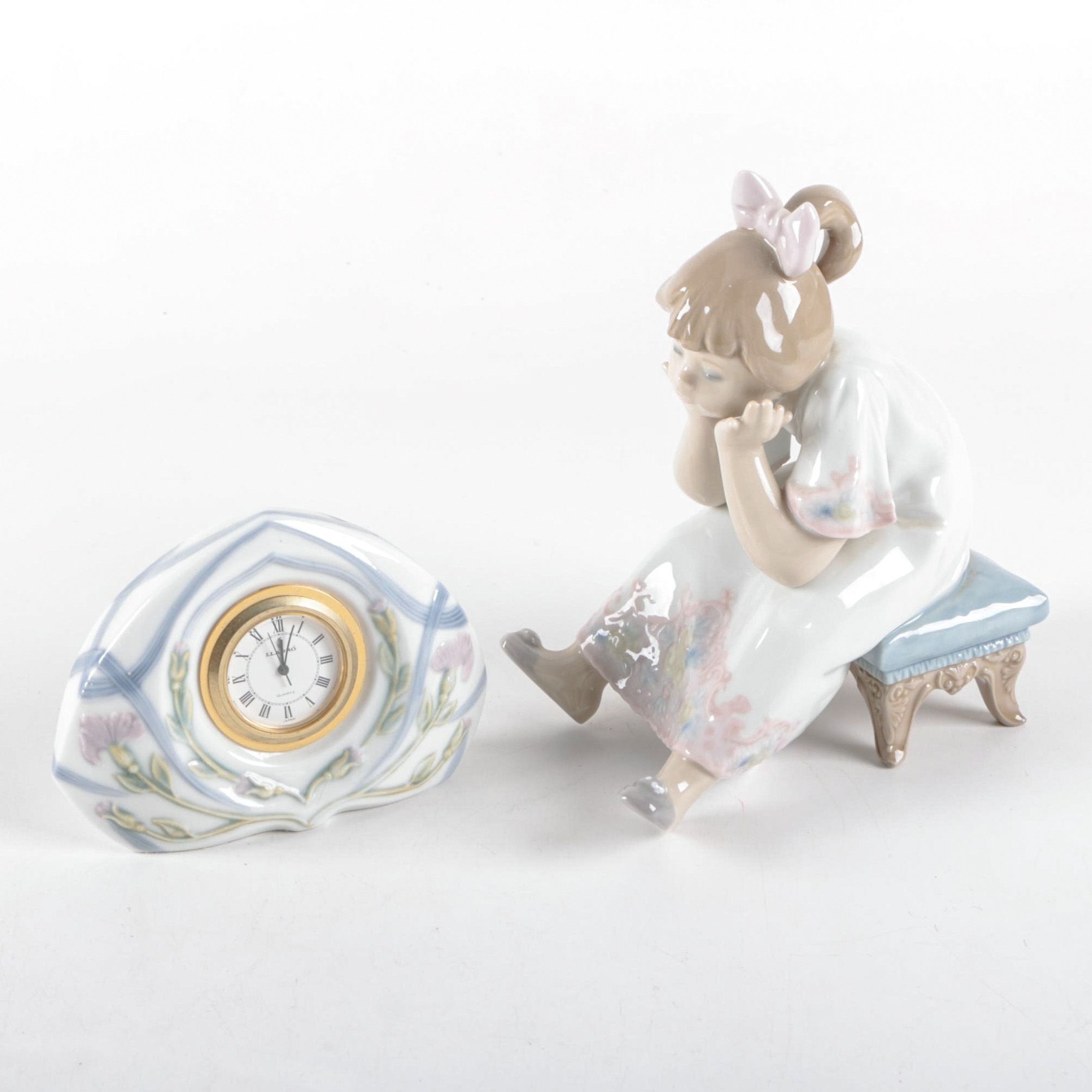 Lladró Porcelain Segovia Clock and Retired "Nothing To Do" Figurine