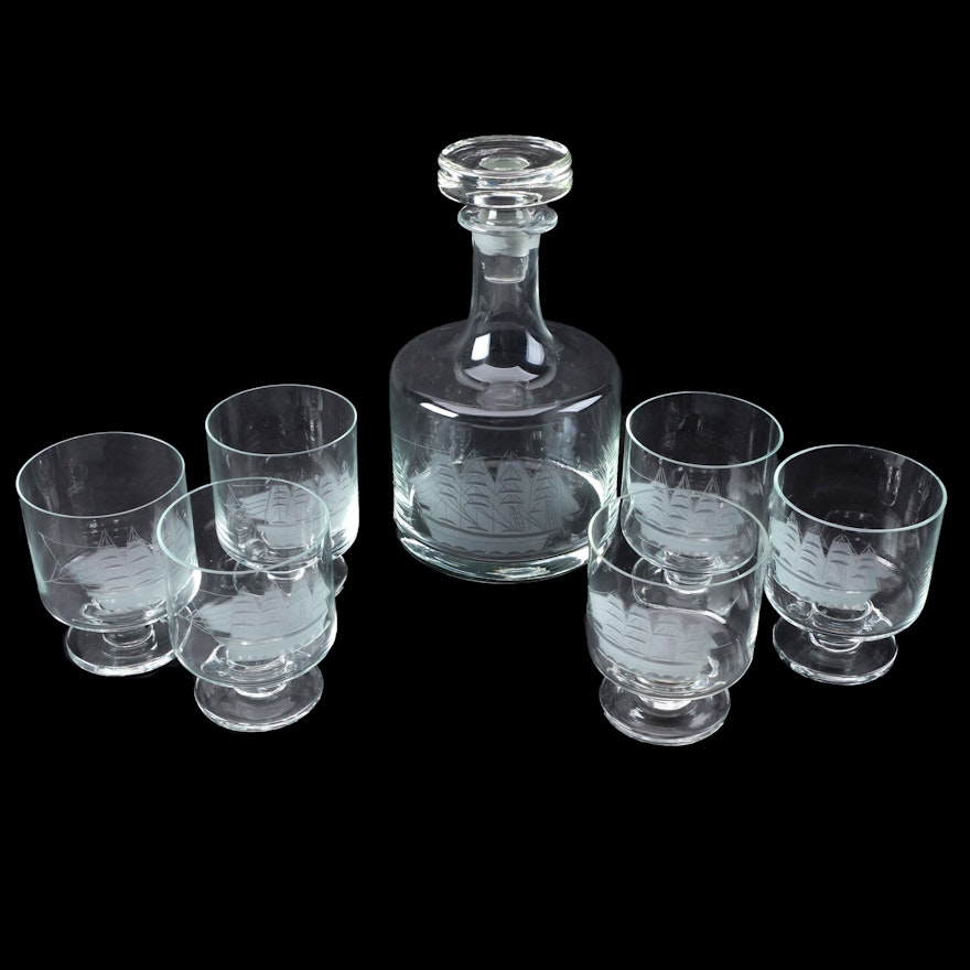 Etched Schooner Glass Decanter Set