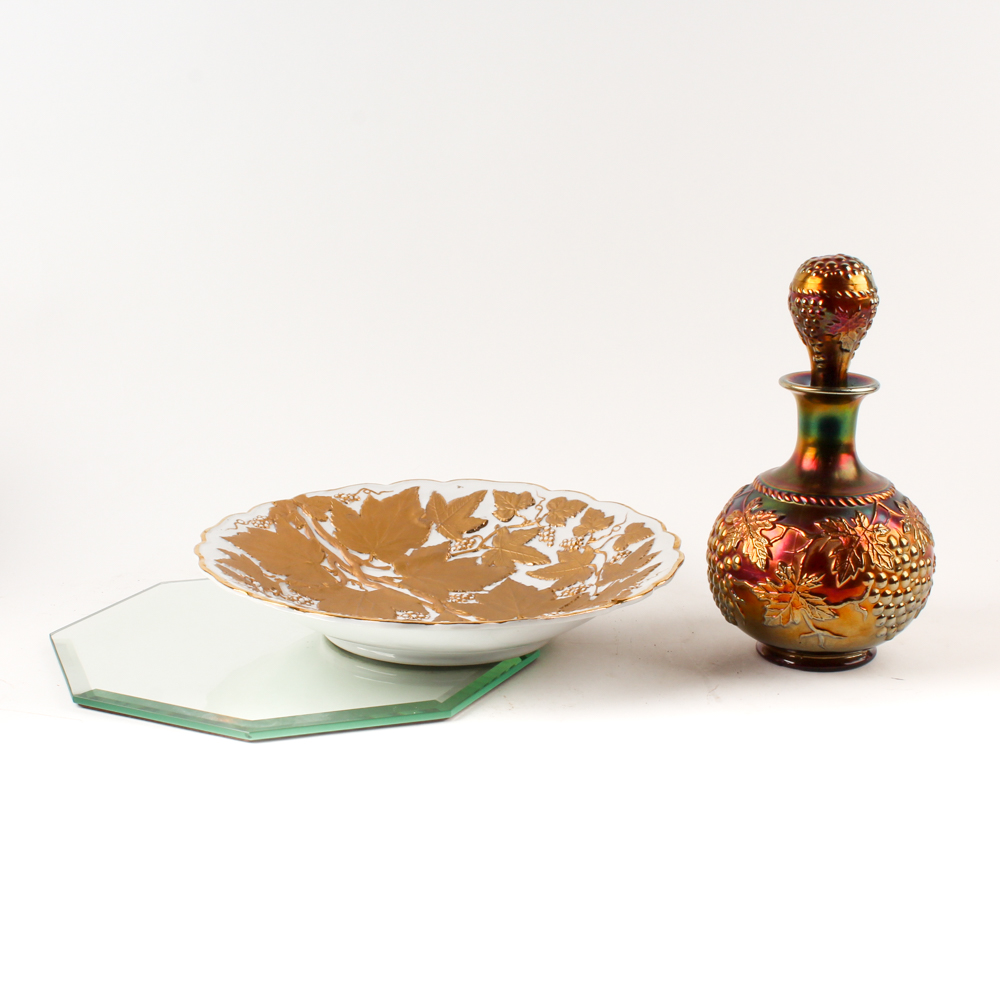 Vintage Carnival Glass Bottle and Charles Sadak Porcelain Plate