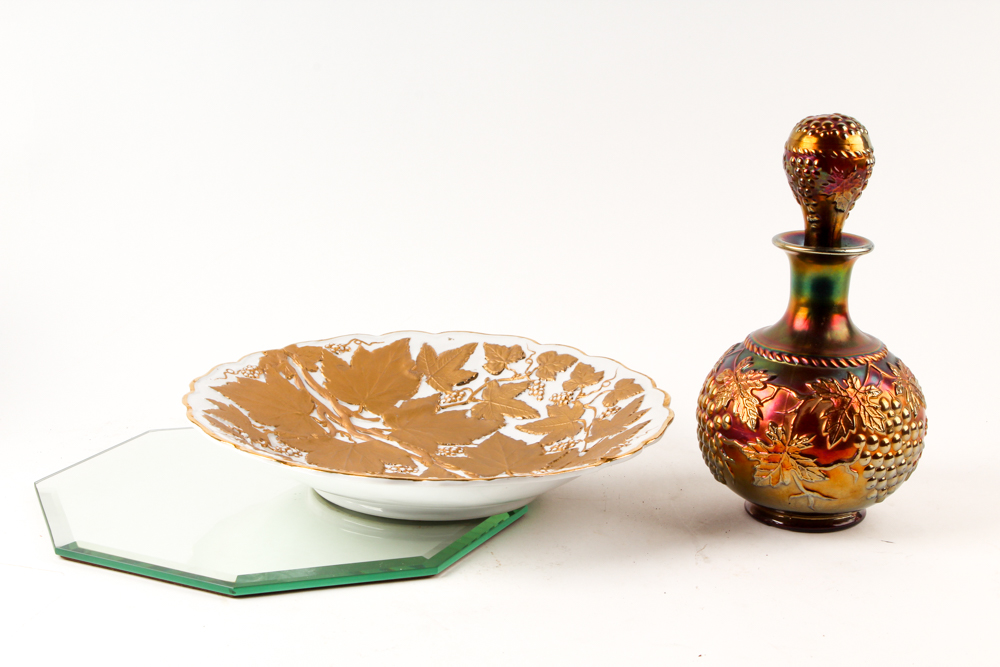 Vintage Carnival Glass Bottle and Charles Sadak Porcelain Plate