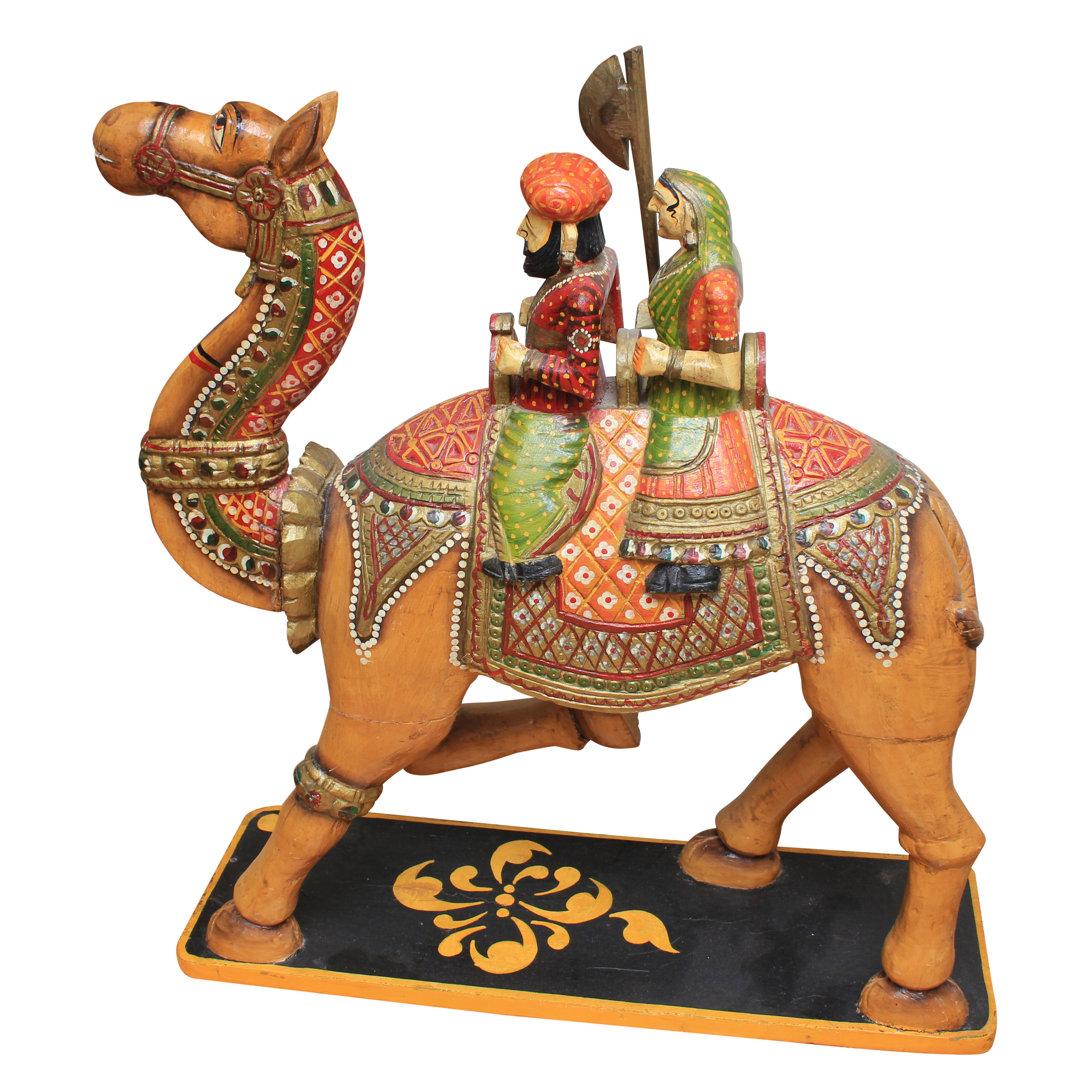 Indian Inspired Polychrome Wooden Sculpture of Figures Riding a Camel