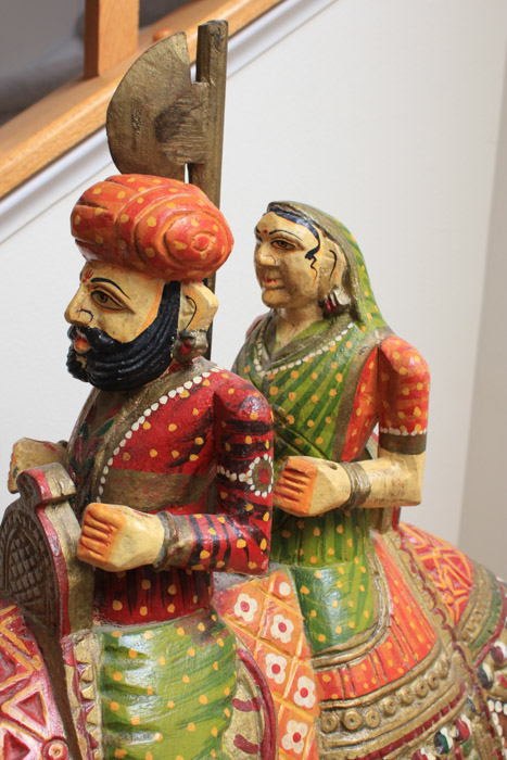 Indian Inspired Polychrome Wooden Sculpture of Figures Riding a Camel