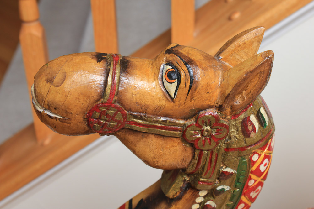 Indian Inspired Polychrome Wooden Sculpture of Figures Riding a Camel