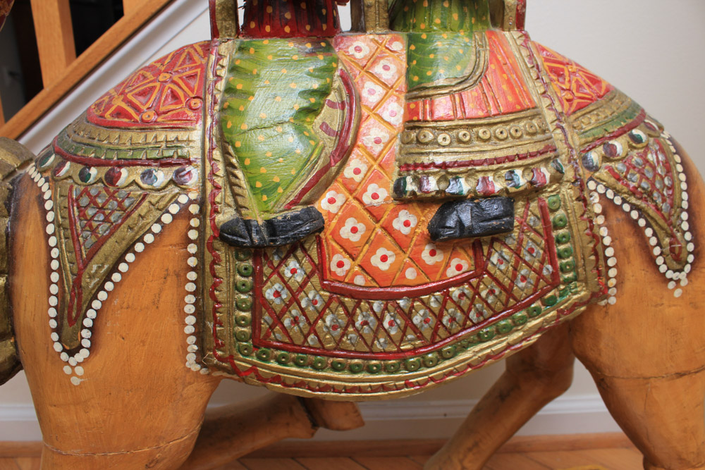Indian Inspired Polychrome Wooden Sculpture of Figures Riding a Camel