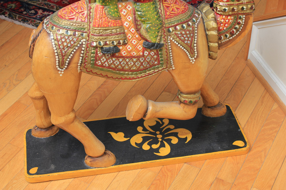 Indian Inspired Polychrome Wooden Sculpture of Figures Riding a Camel