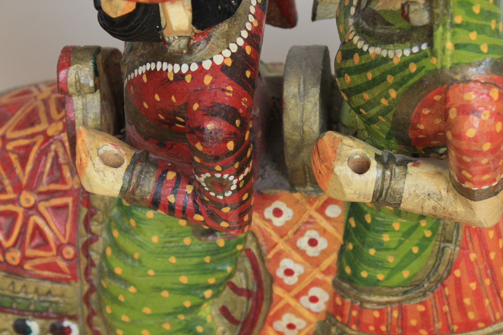 Indian Inspired Polychrome Wooden Sculpture of Figures Riding a Camel