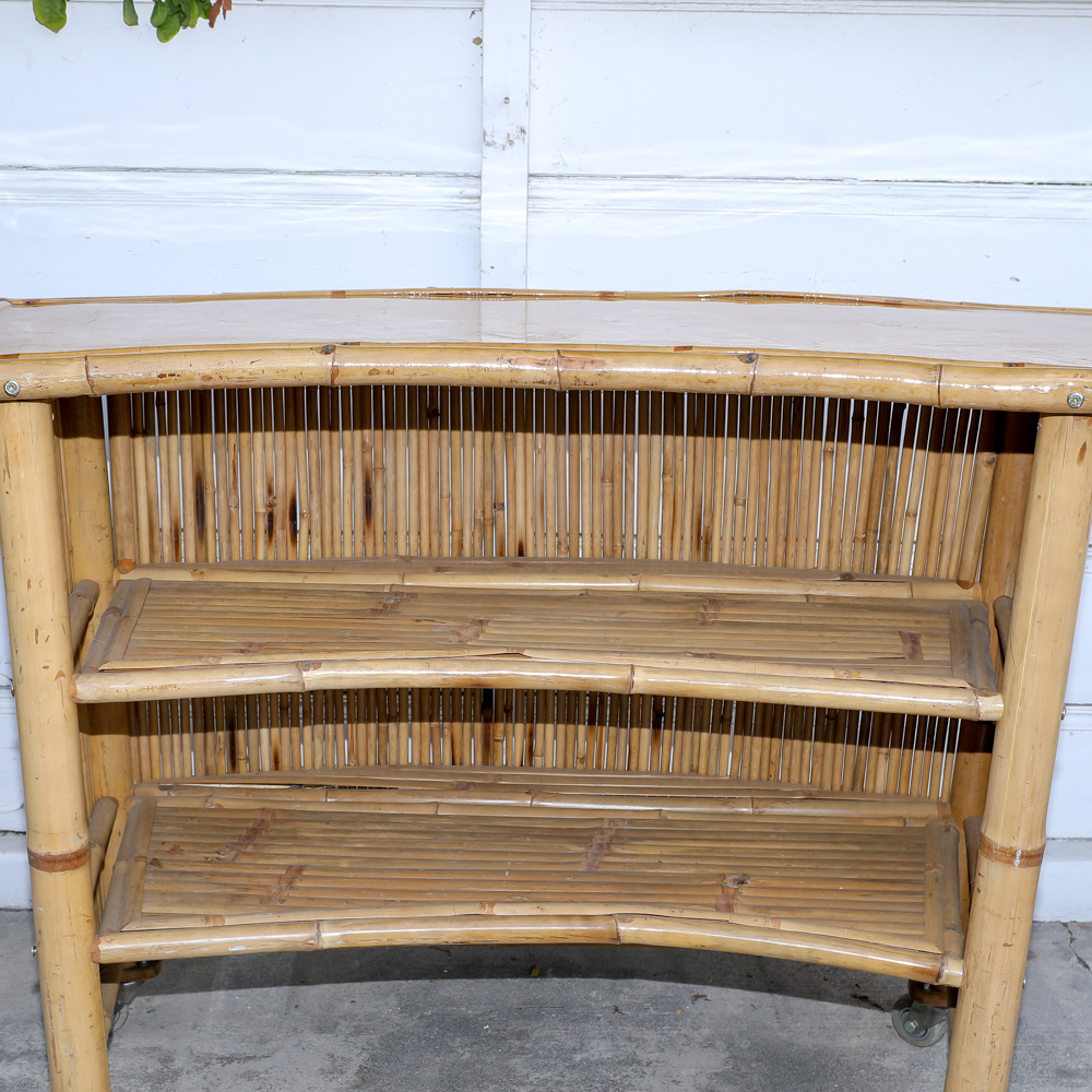 Outdoor Reed/Bamboo Bar with Casters and Two Shelves