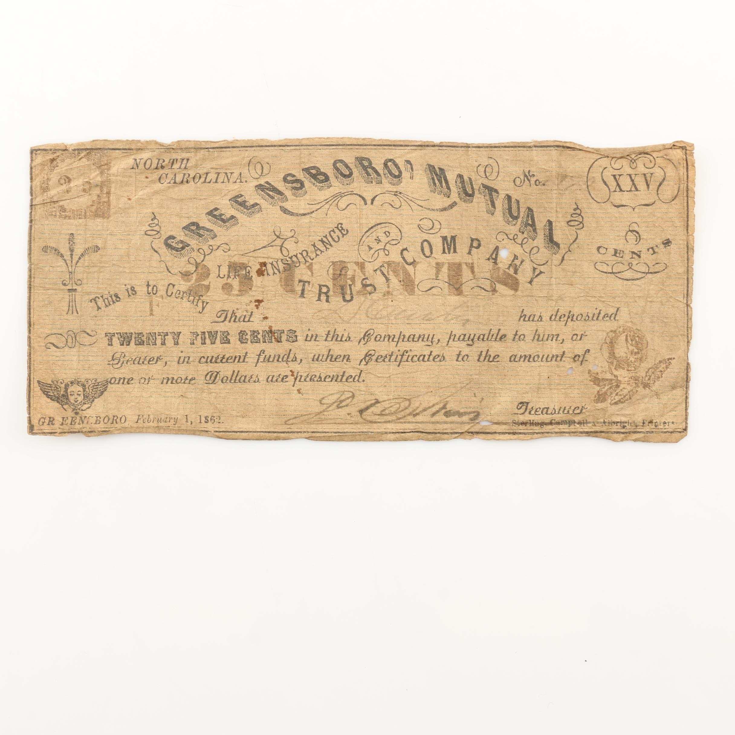 1862 Greensboro Mutual Life Insurance and Trust Company Obsolete Currency Note
