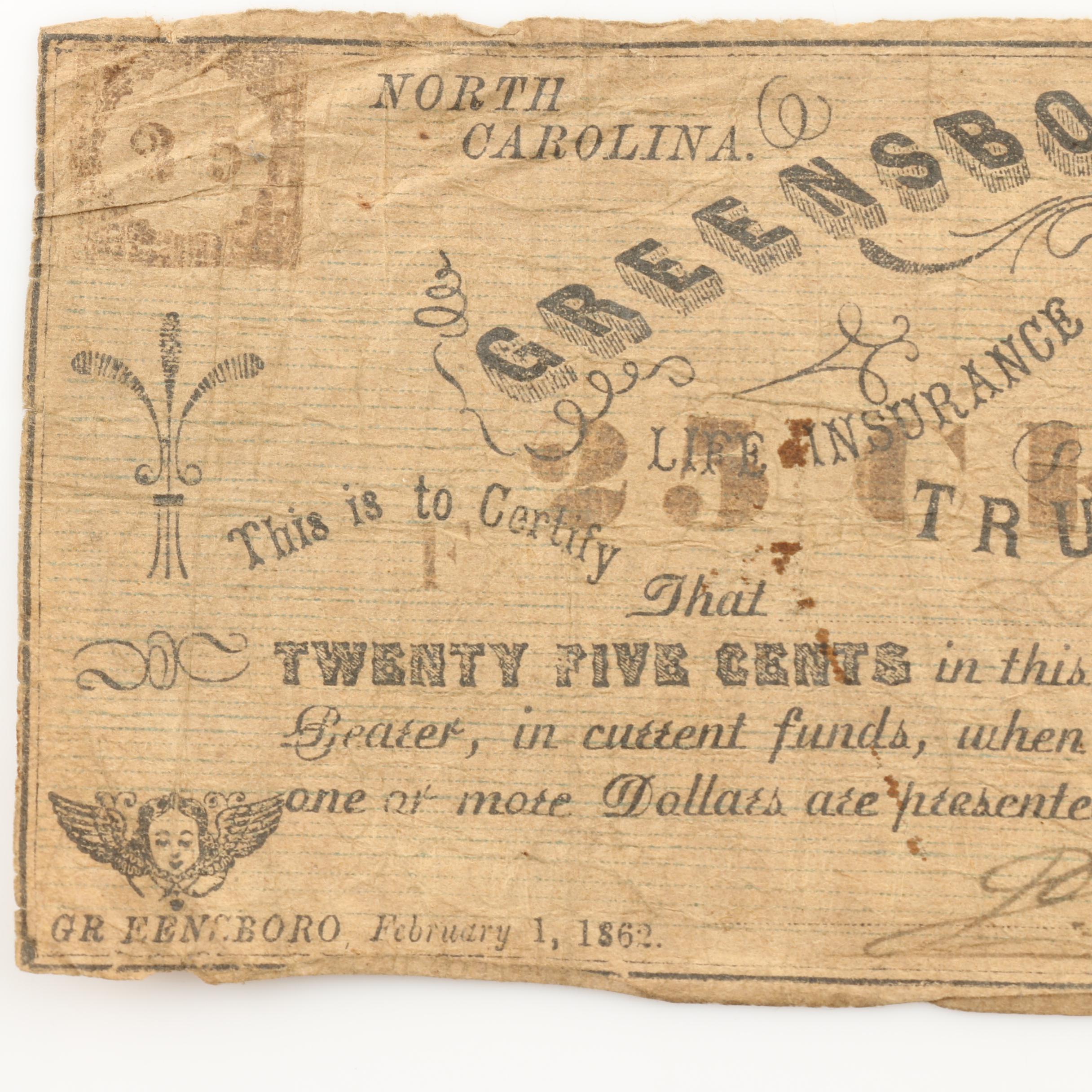 1862 Greensboro Mutual Life Insurance and Trust Company Obsolete Currency Note