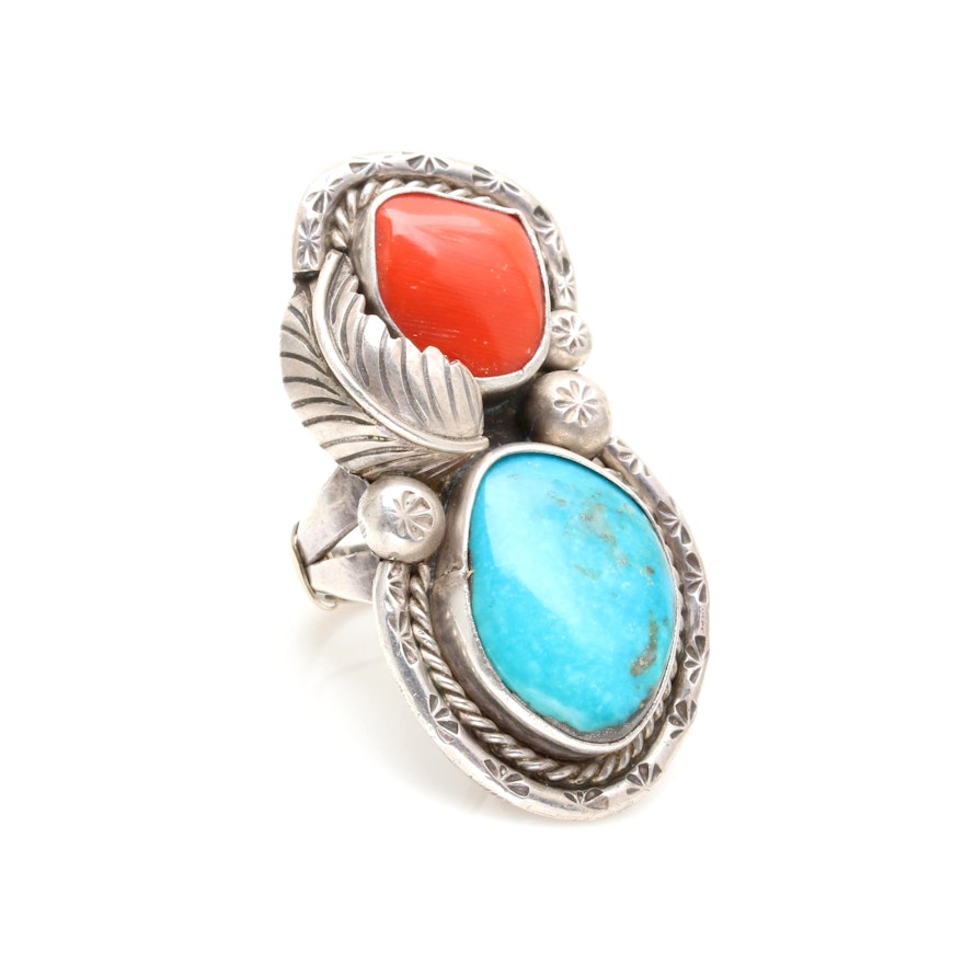 Southwest Style Sterling Silver Turquoise and Coral Ring