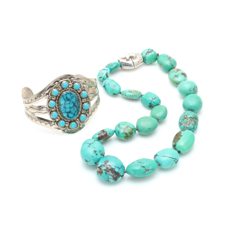 Southwestern Style Imitation Turquoise Cuff and Sterling Silver Howlite Necklace