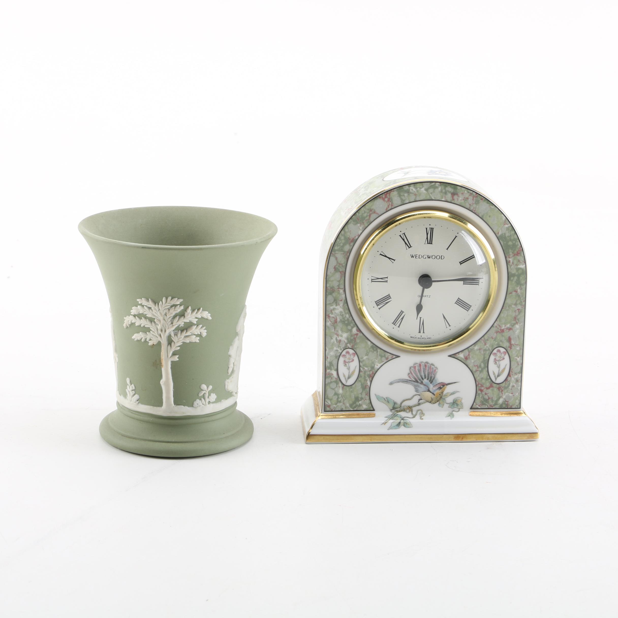 Wedgwood Jasperware Posey Pot Vase and "Hummingbirds" Shelf Clock