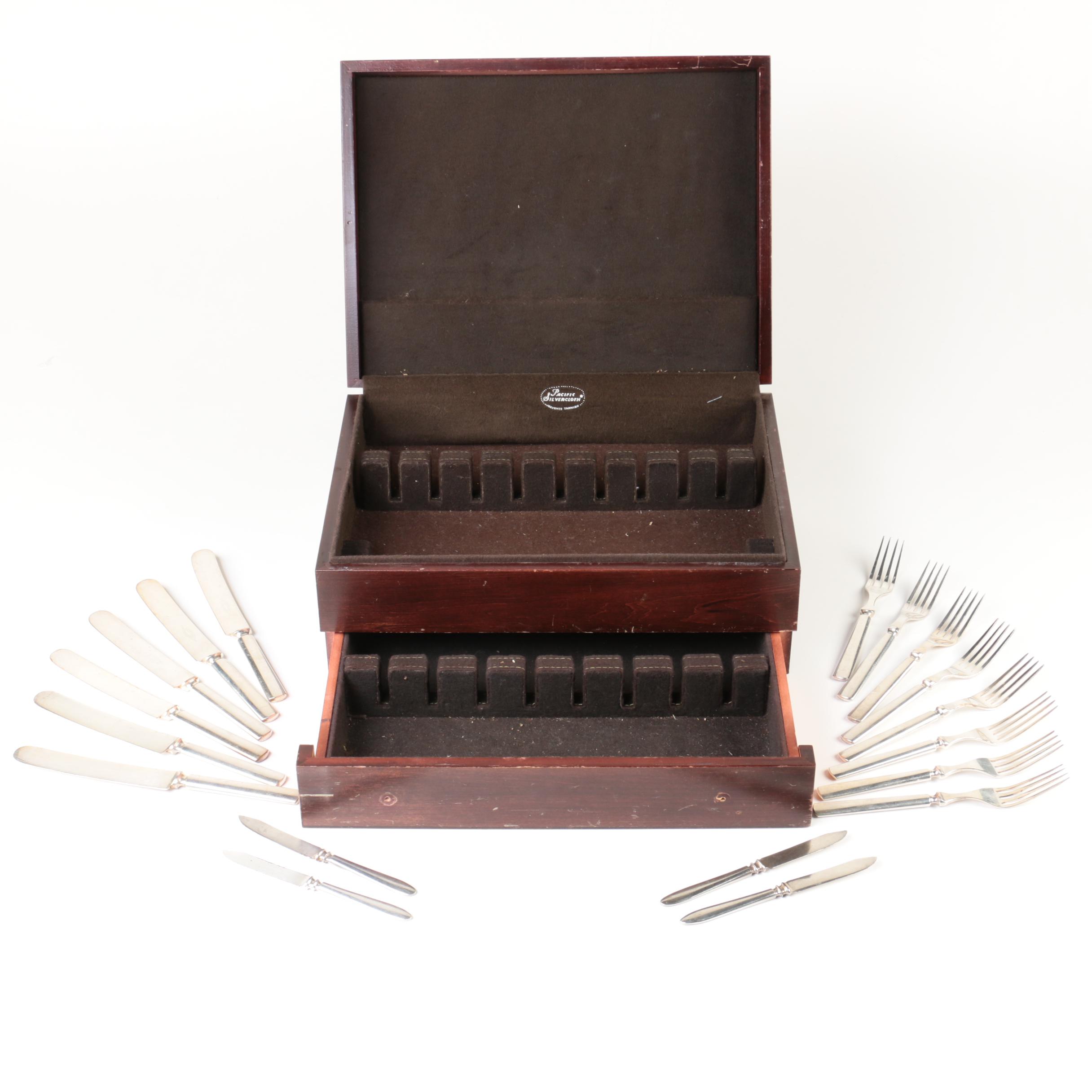 Wm. Rogers Silver Plate Flatware and Wooden Flatware Storage Chest