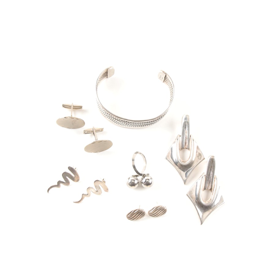 Sterling Silver Jewelry Including a Beau Bypass Ring and Taxco Cuff Bracelet