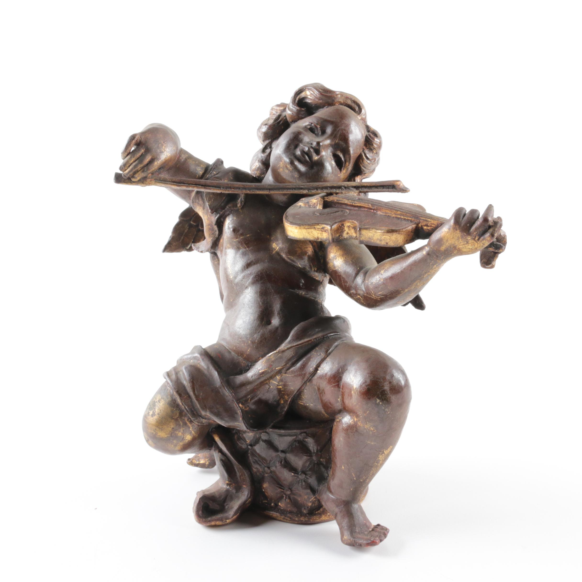 Two Carved Wooden Cherub with Instruments
