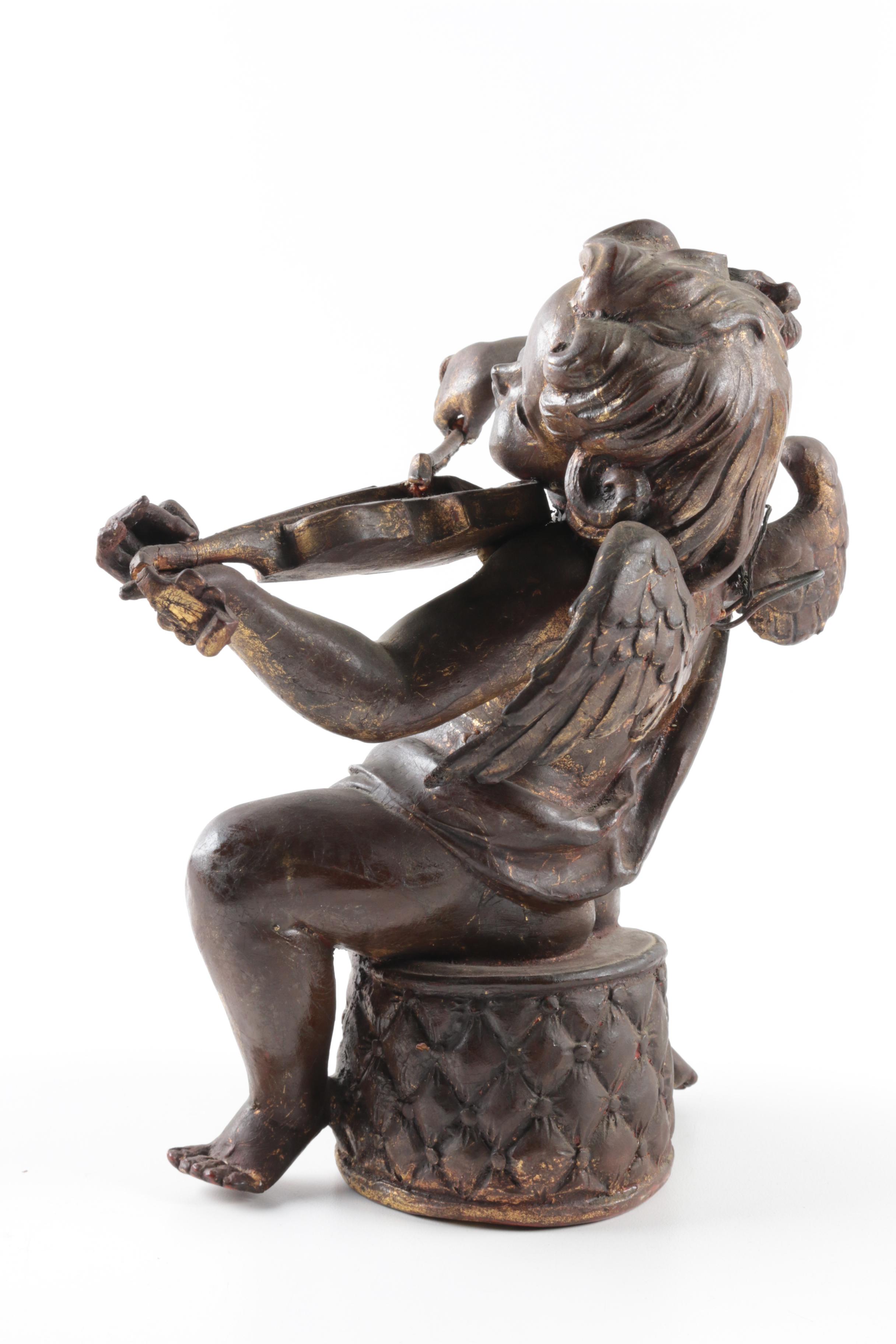 Two Carved Wooden Cherub with Instruments