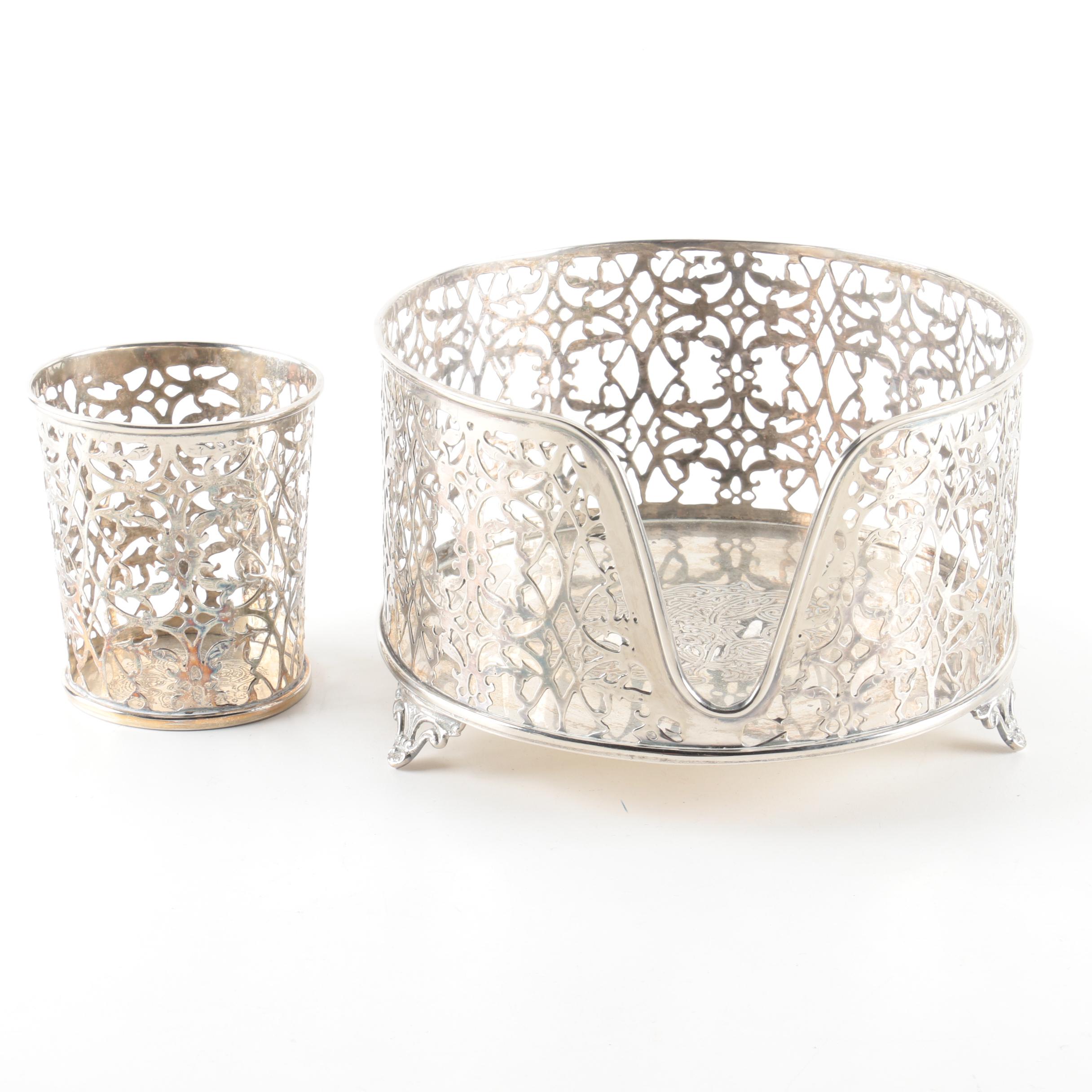 Silver Plate Openwork Serving Pieces Including Cup and Stand