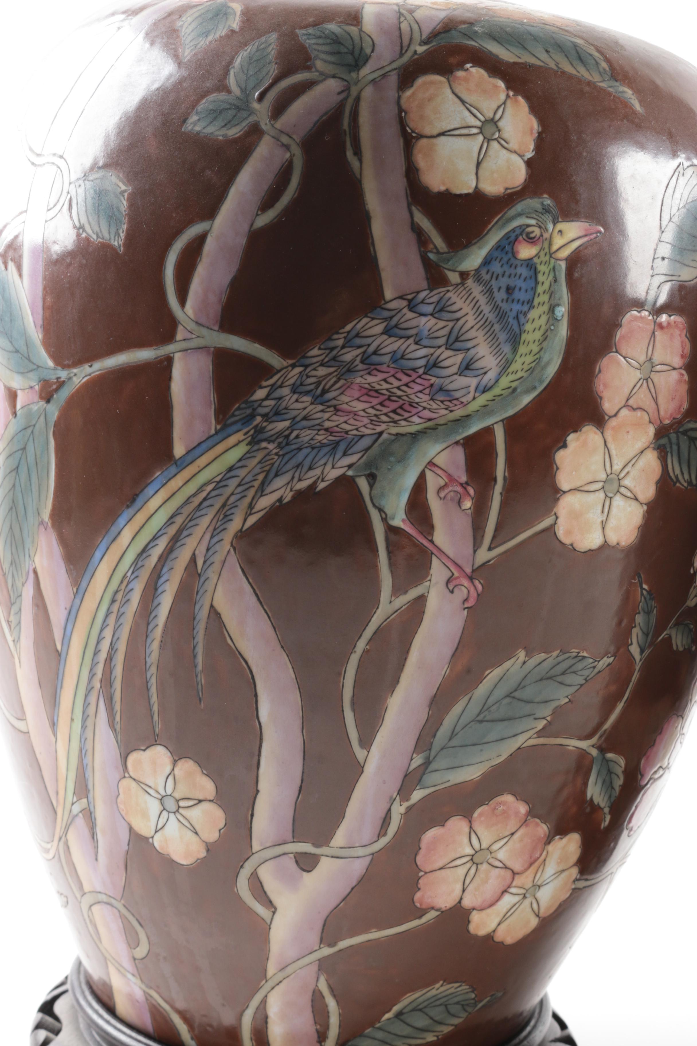 ChineseBird and Floral Motif Porcelain Ginger Jars with Wooden Stands