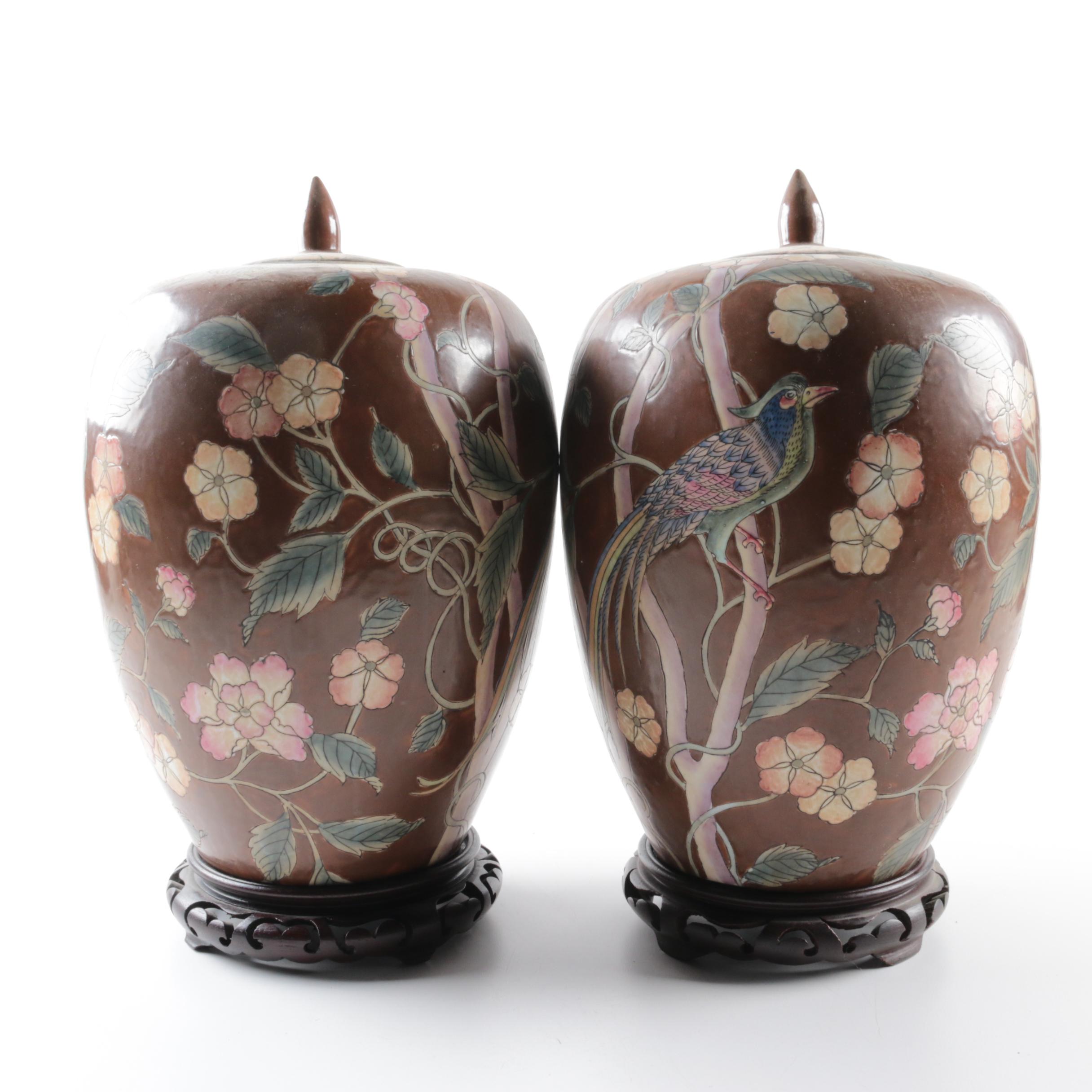 ChineseBird and Floral Motif Porcelain Ginger Jars with Wooden Stands
